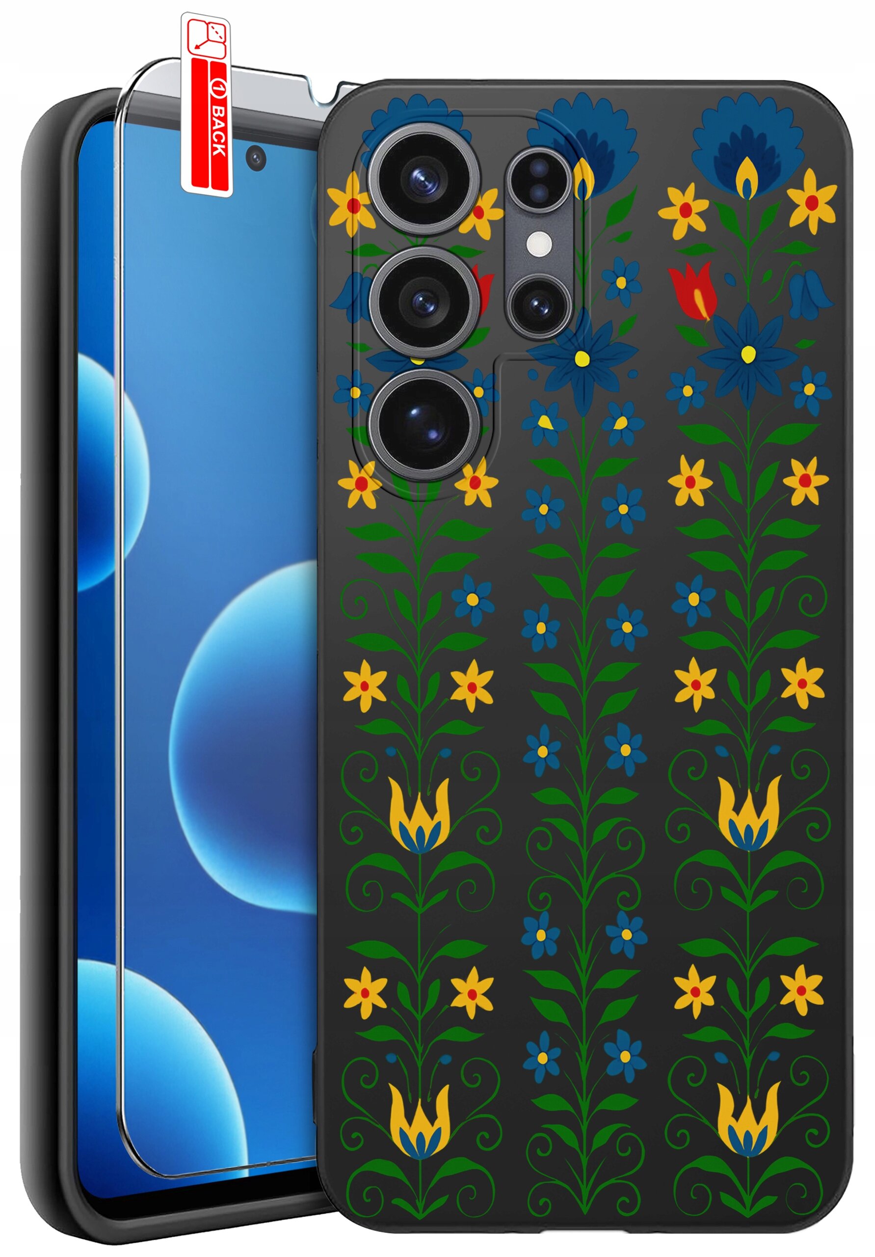 Etui na telefon z kolorowym wzorem kwiatowym w odcieniach niebieskiego, żółtego i zielonego. Obok etui znajduje się szkło ochronne z napisem \'BACK\'.