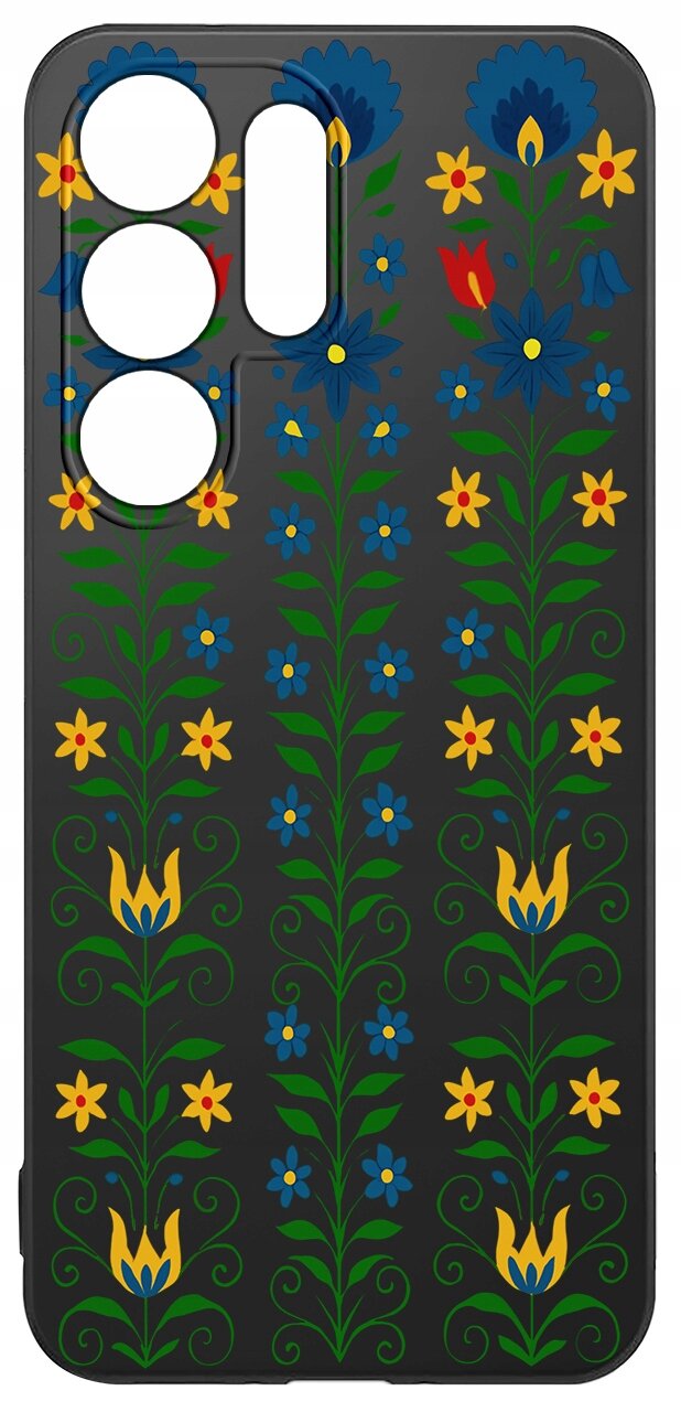 Etui na telefon z czarnym tłem ozdobione kolorowym, kwiatowym wzorem w odcieniach niebieskiego, żółtego i zielonego. Wzór składa się z pionowych linii kwiatów i liści.