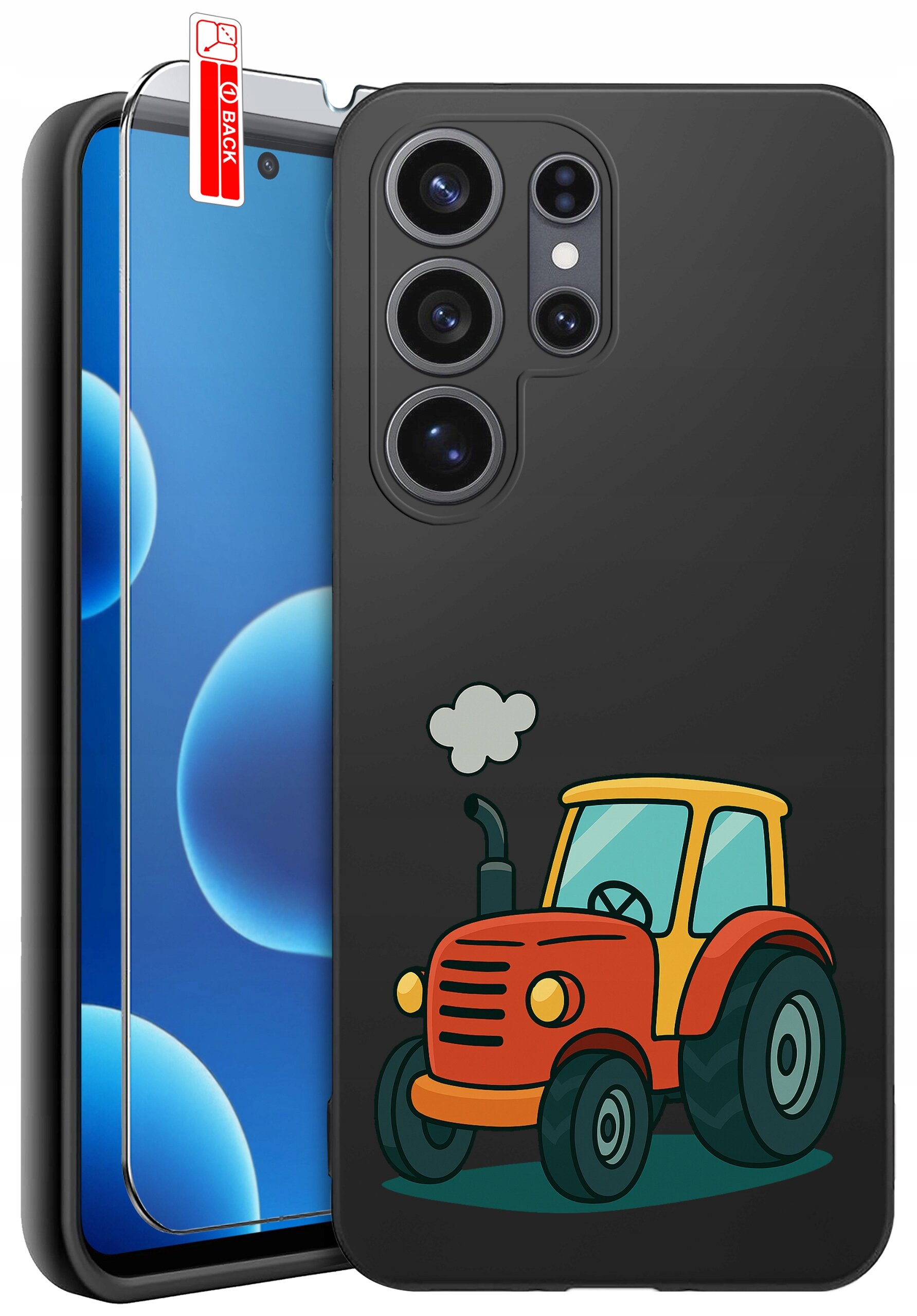Czarne silikonowe etui na telefon z kolorowym rysunkiem czerwonego traktora. Obok etui znajduje się szkło ochronne z naklejką \'BACK\'.