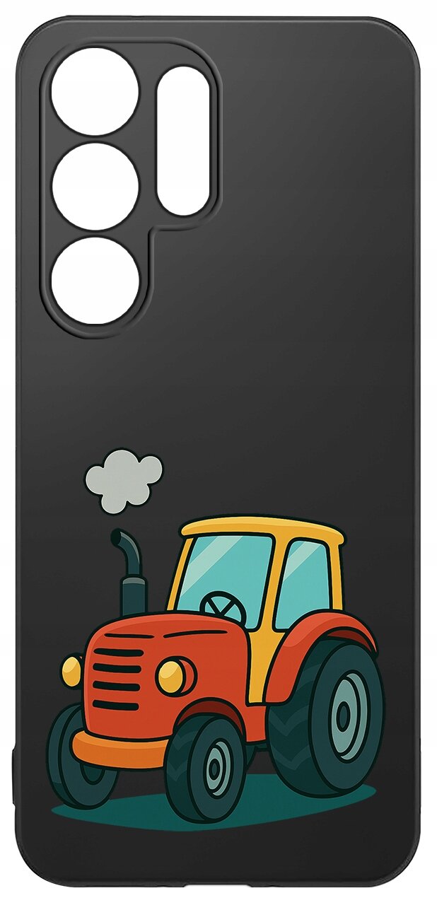 Czarne etui na telefon z kolorowym rysunkiem czerwonego traktora z żółtym dachem i niebieskimi szybami. Etui ma wycięcia na cztery obiektywy aparatu.