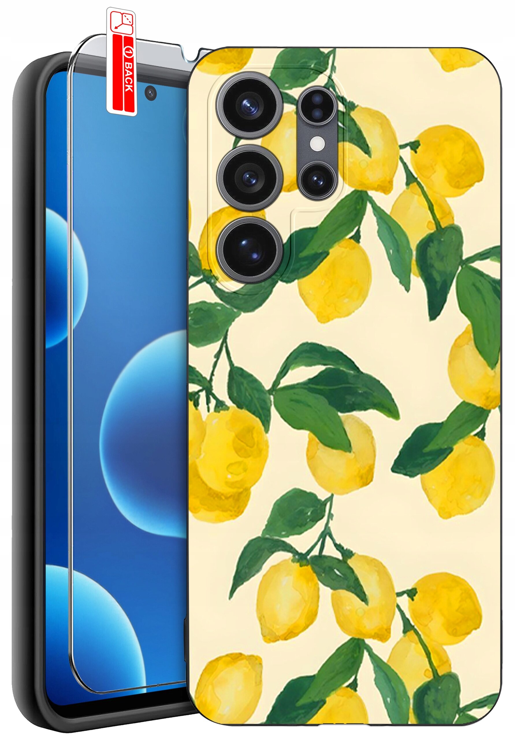 Etui na telefon z wzorem cytryn na jasnym tle, z widocznymi aparatami fotograficznymi. Obok znajduje się szkło ochronne z napisem \'BACK\'.