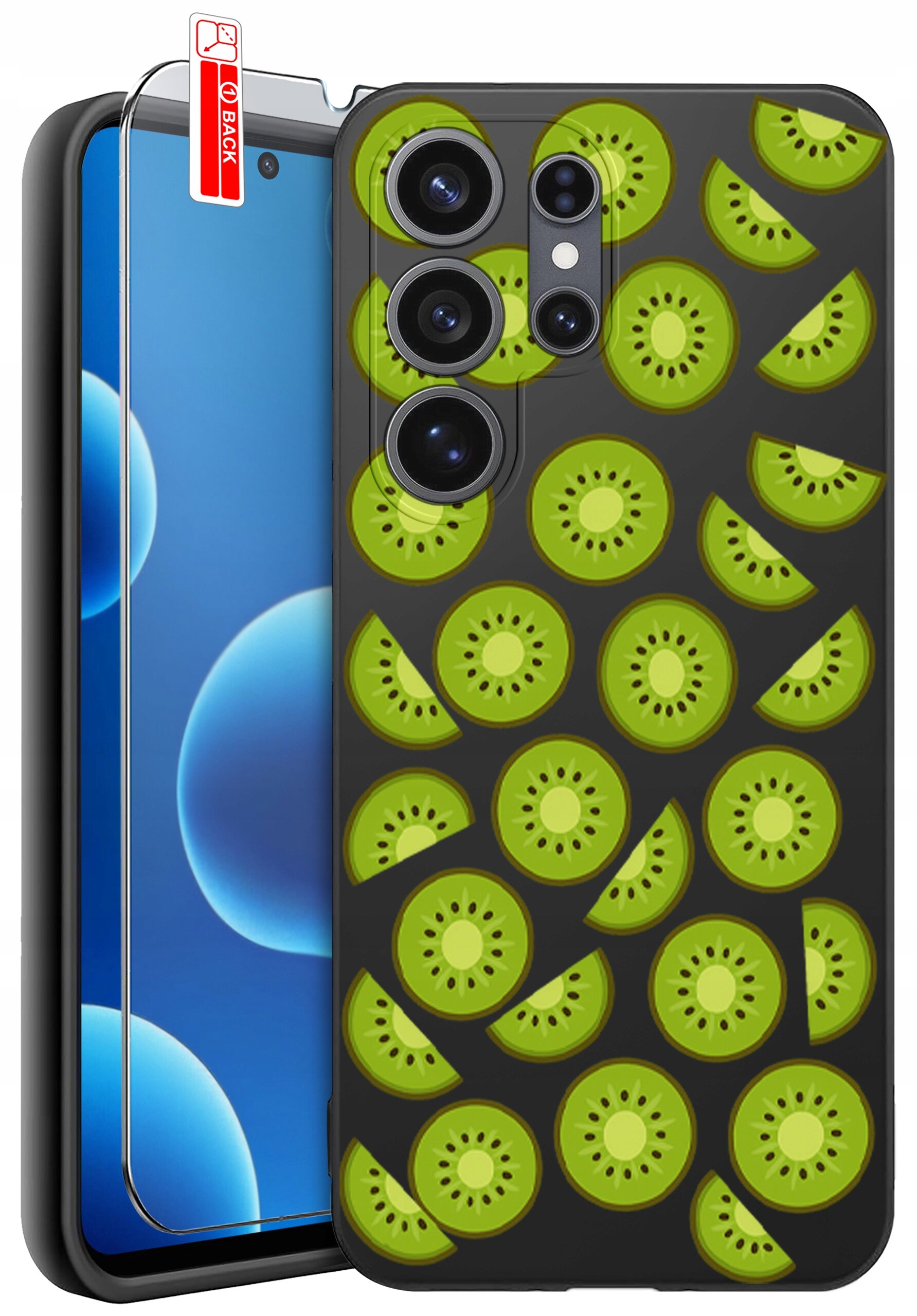 Obraz przedstawia etui na telefon z wzorem zielonych plasterków kiwi na ciemnym tle. Obok etui znajduje się szkło ochronne z napisem \'BACK\'.