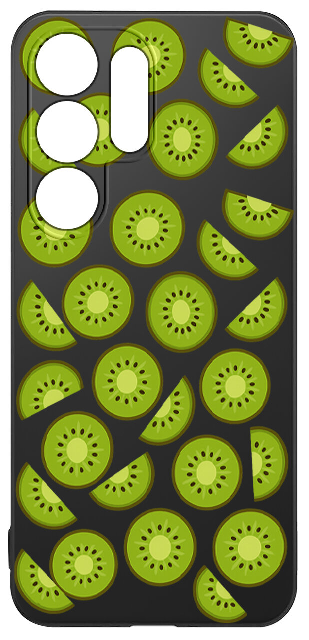 Etui na telefon z wzorem zielonych plasterków kiwi na ciemnym tle, z wycięciami na aparat.