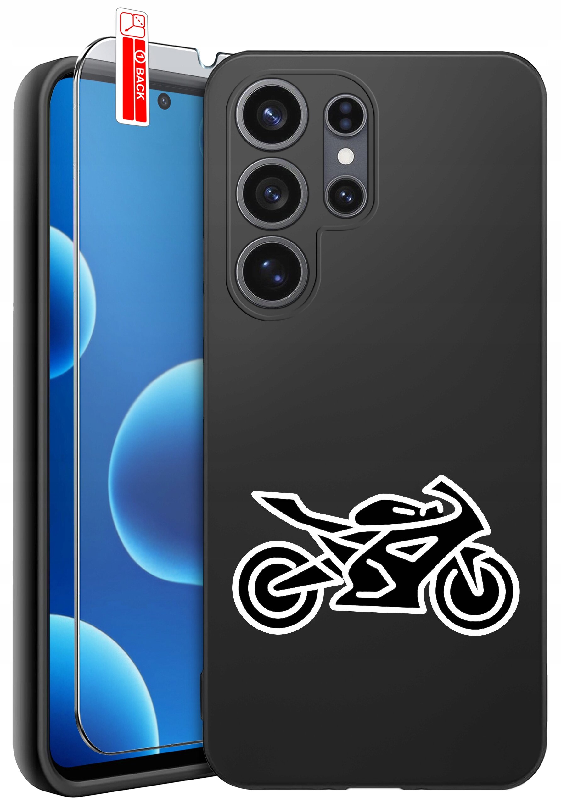 Czarne silikonowe etui z białym wzorem motocykla, przeznaczone dla telefonu z trzema obiektywami aparatu. Obok etui znajduje się szkło ochronne z oznaczeniem \'BACK\'.