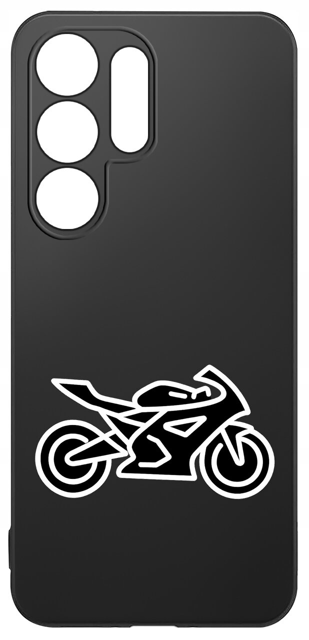 Czarne etui na telefon z wycięciami na aparat i białym wzorem motocykla na dole. Etui jest wykonane z matowego silikonu.