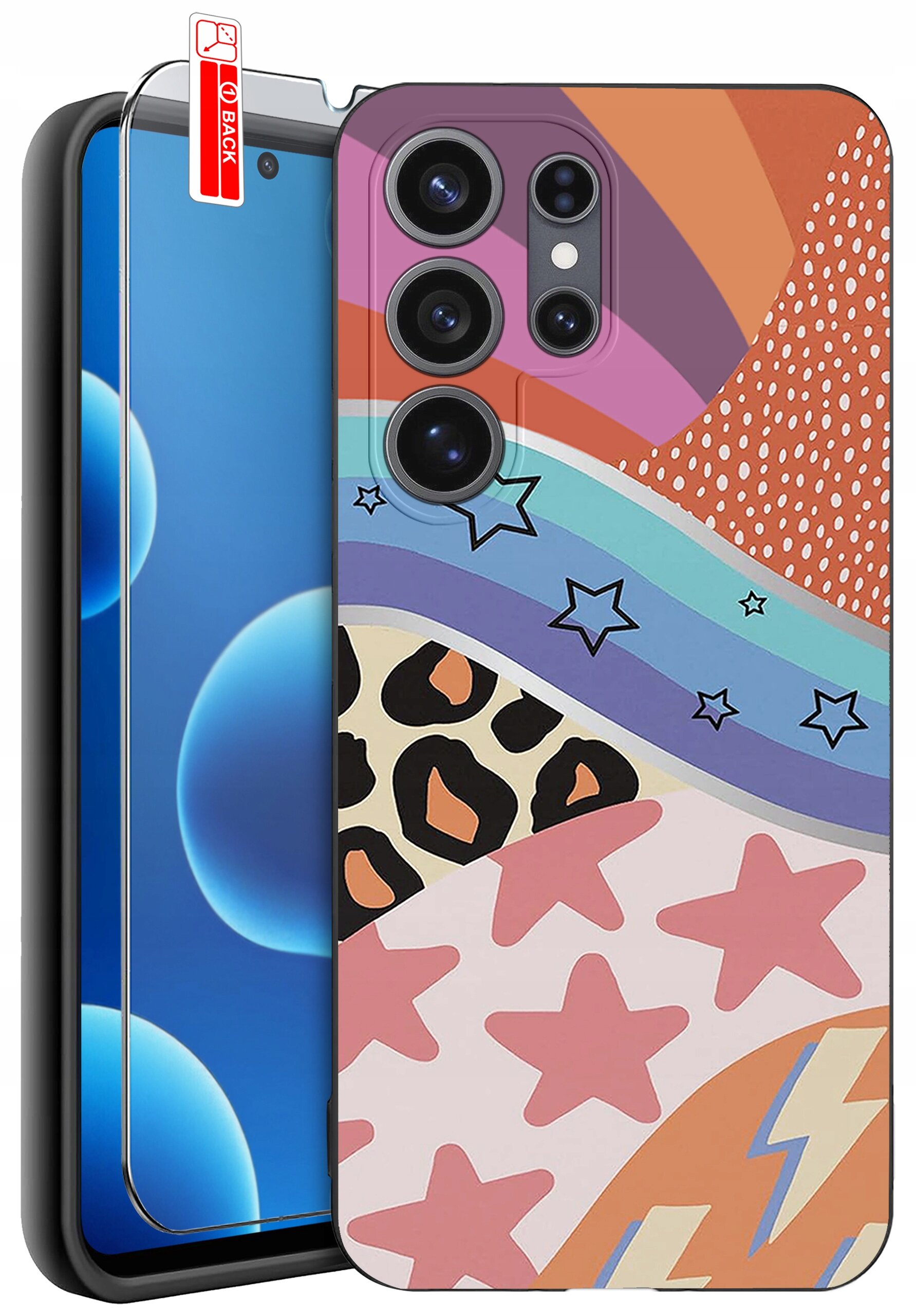 Etui na telefon z kolorowym wzorem w gwiazdy, paski i motywy zwierzęce, obok szkło ochronne z napisem \'BACK\'.