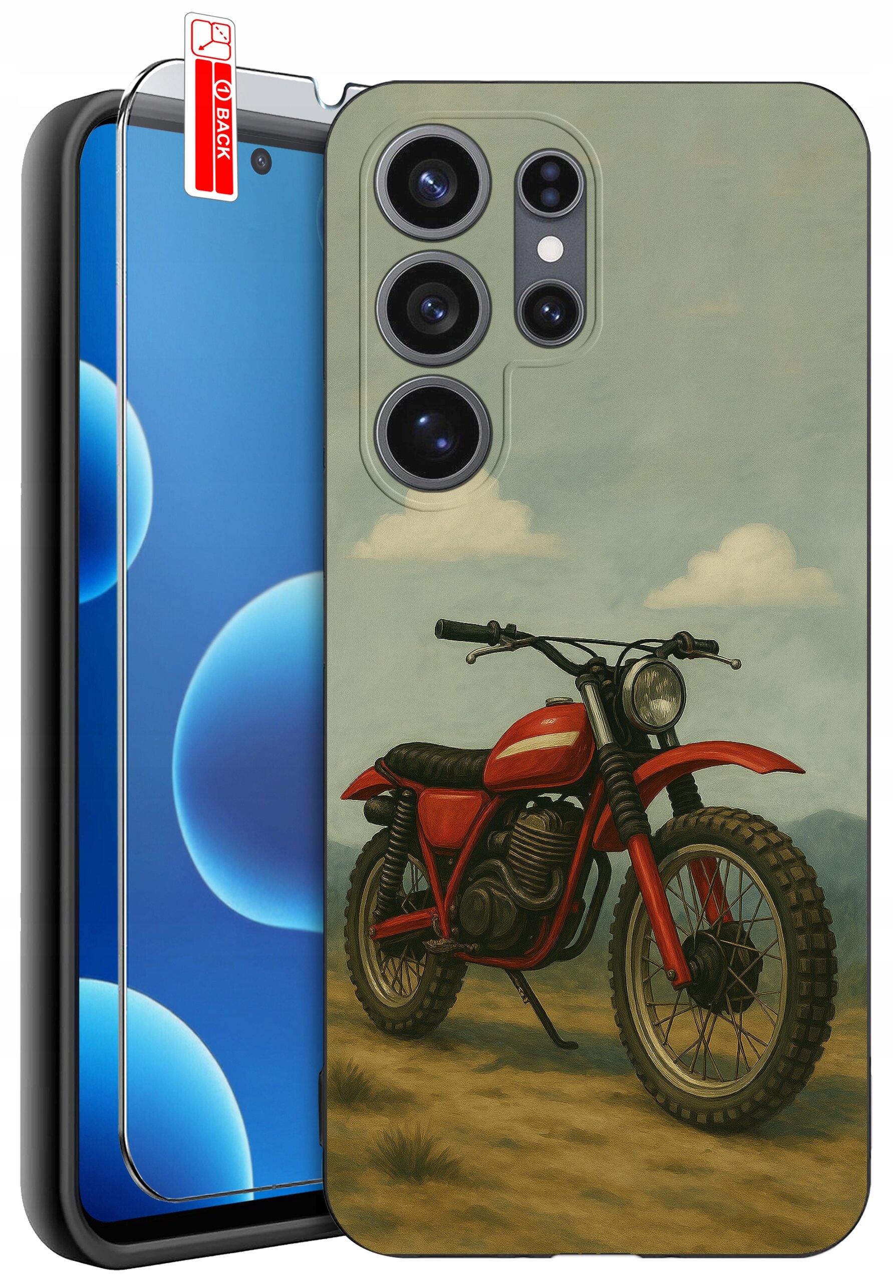 Etui na telefon z nadrukiem czerwonego motocykla na tle nieba z chmurami. Obok widoczna jest szybka ochronna z napisem \'BACK\'.