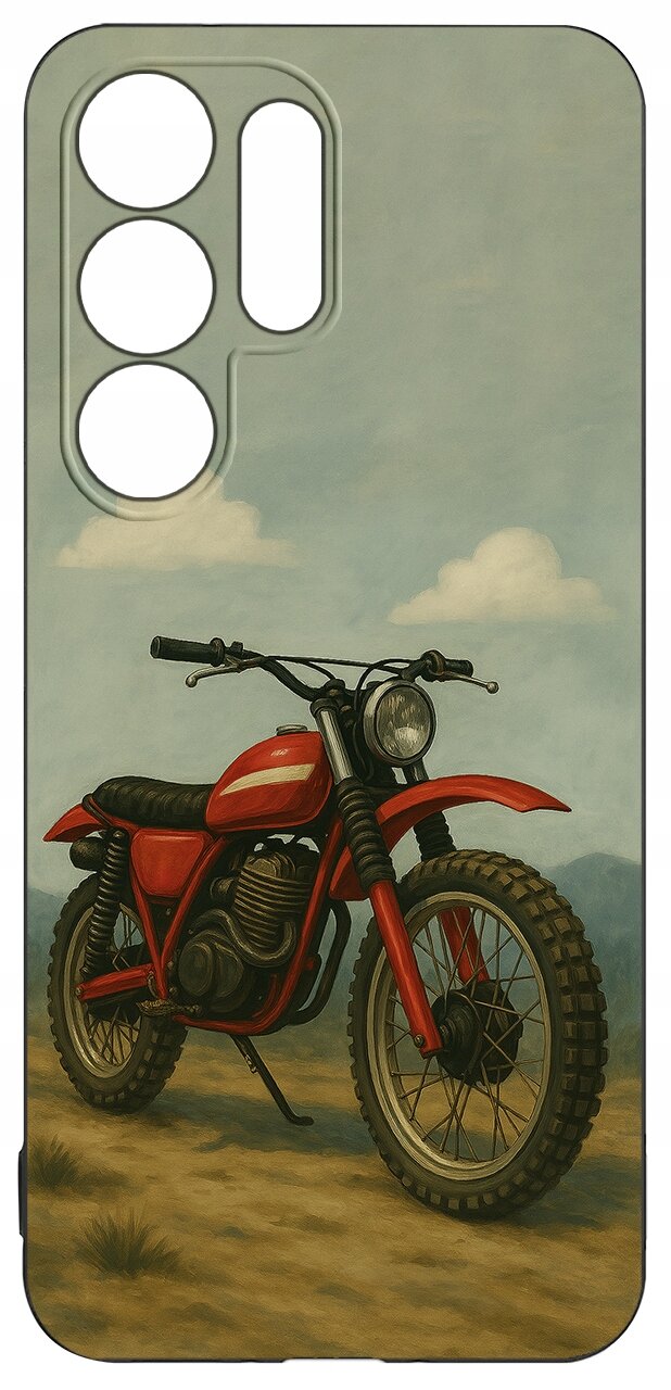 Etui na telefon z nadrukiem czerwonego motocykla na tle nieba z chmurami. Etui posiada wycięcia na aparat i przyciski.