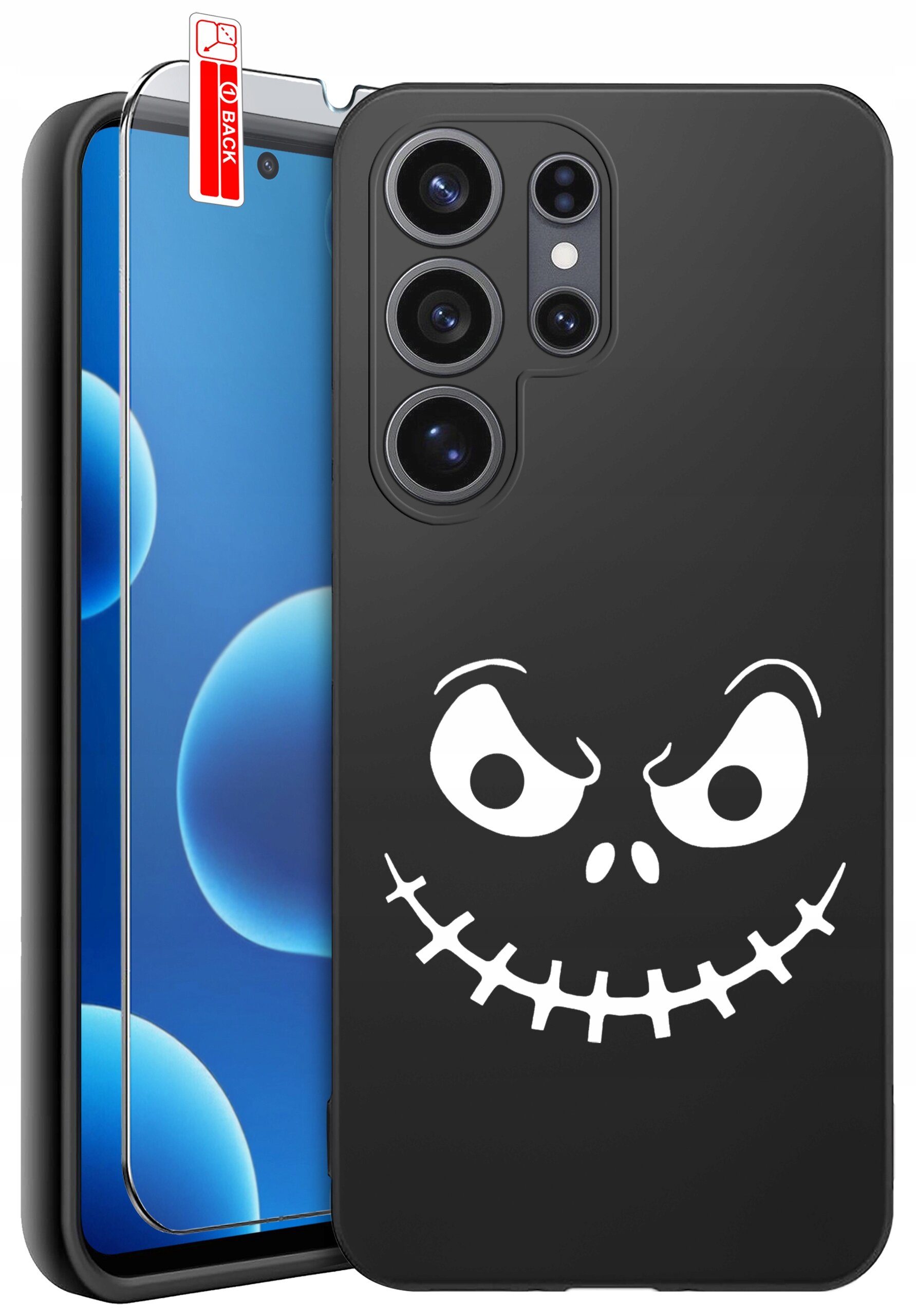 Czarne etui na telefon z białym, uśmiechniętym wzorem przypominającym twarz. Obok znajduje się szkło ochronne z czerwoną naklejką \'BACK\'.