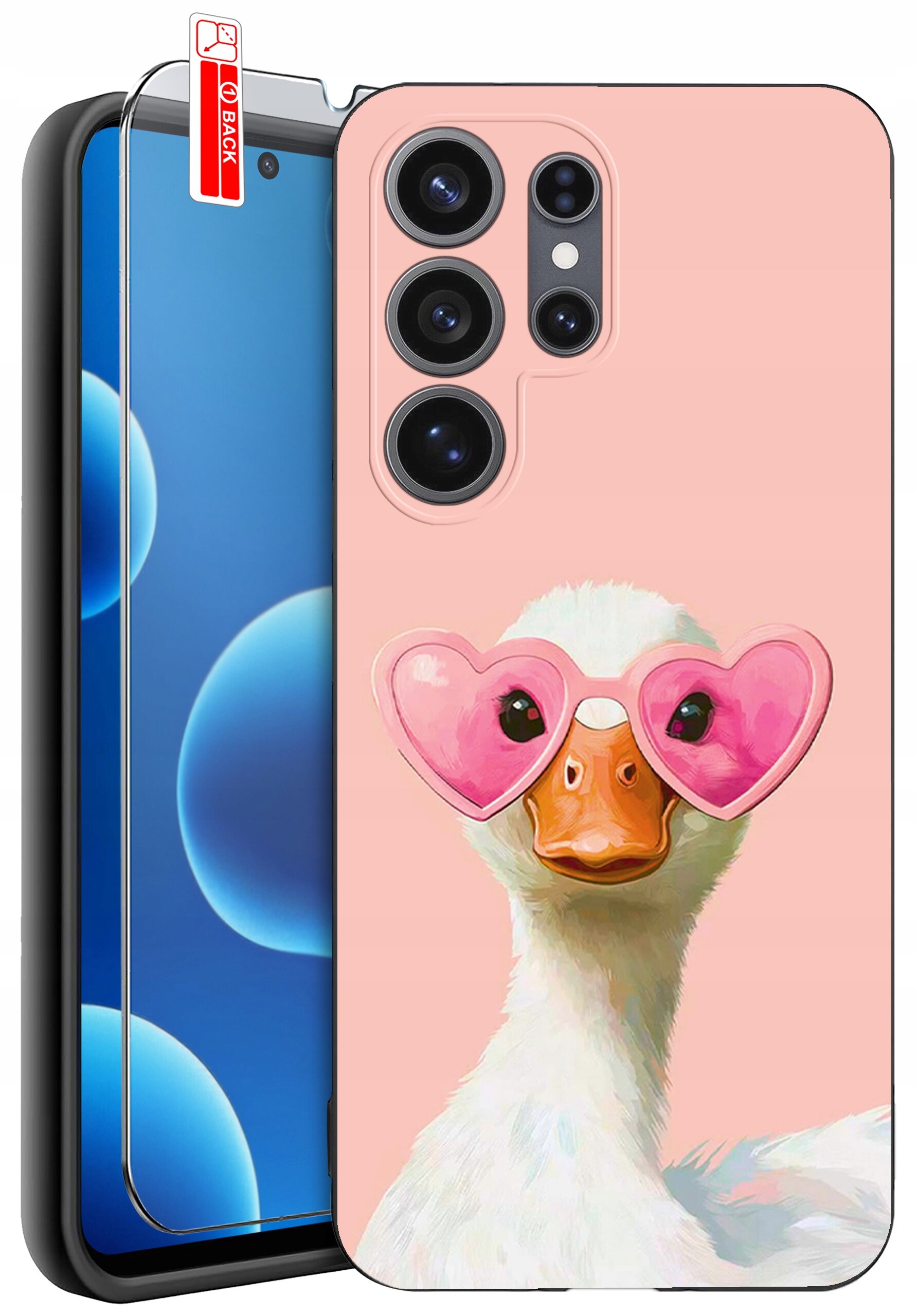 Etui na telefon z nadrukiem kaczki w różowych okularach w kształcie serc na różowym tle. Obok znajduje się szkło ochronne z oznaczeniem \'BACK\'.