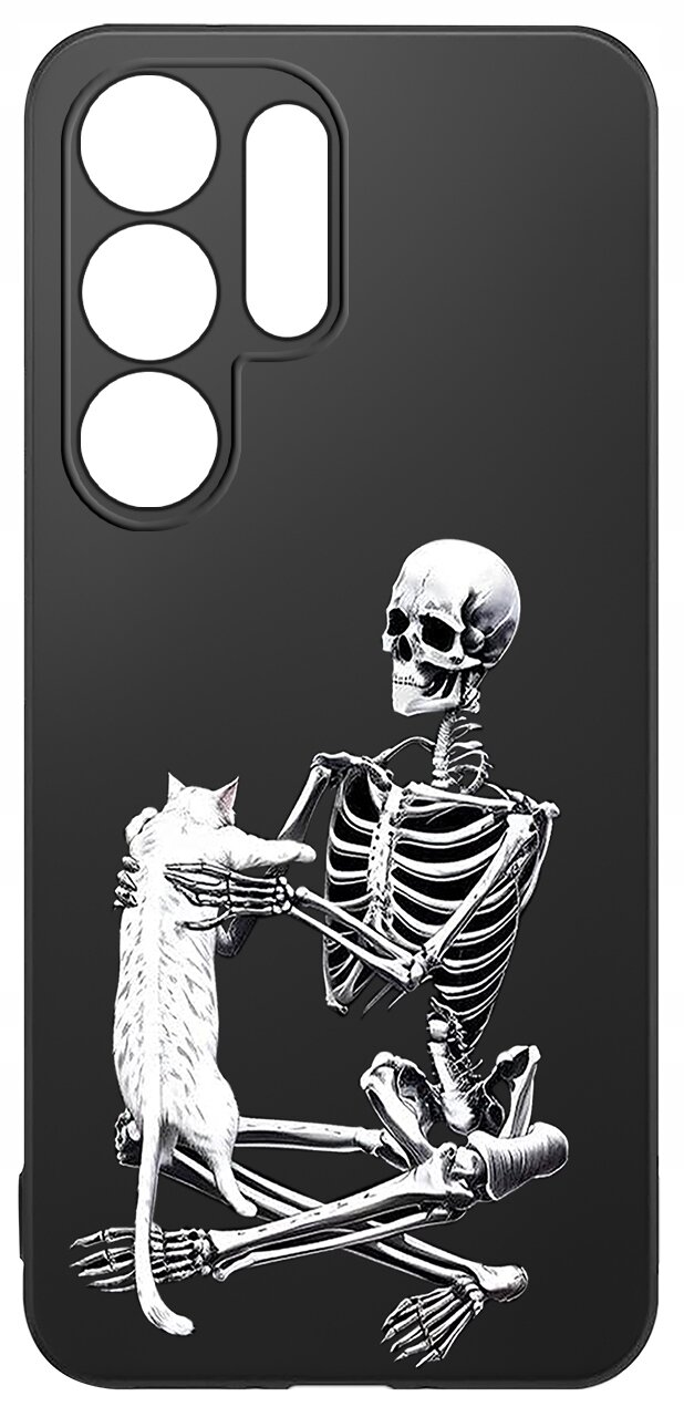 Czarne etui na telefon z grafiką przedstawiającą szkielet trzymający kota. Etui ma wycięcia na aparat i przyciski.