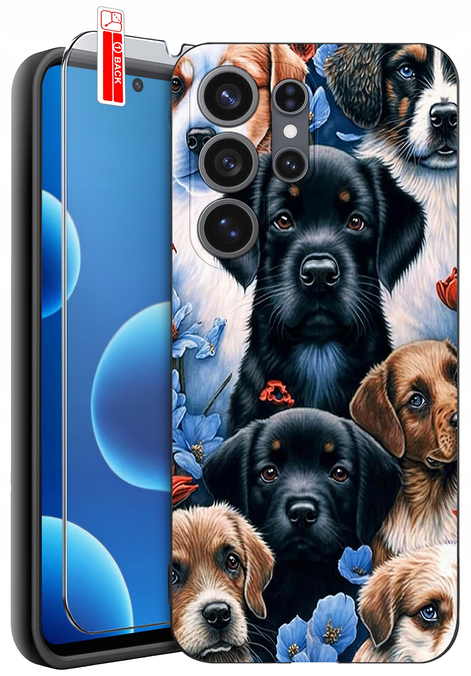 Etui na telefon z wzorem przedstawiającym realistyczne wizerunki psów otoczonych niebieskimi i czerwonymi kwiatami. Obok etui znajduje się szkło ochronne z napisem \'BACK\'.
