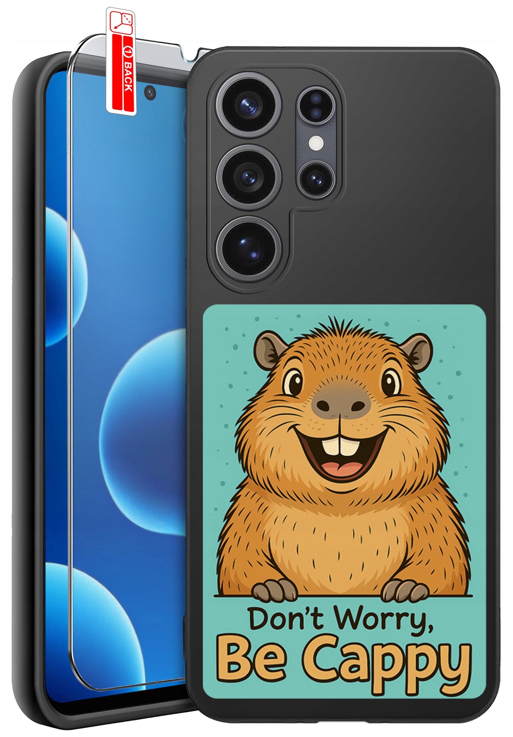 Etui na telefon z grafiką przedstawiającą uśmiechniętą kapibarę i napisem \'Don\'t Worry, Be Cappy\'. Obok etui znajduje się szkło ochronne z oznaczeniem \'BACK\'.