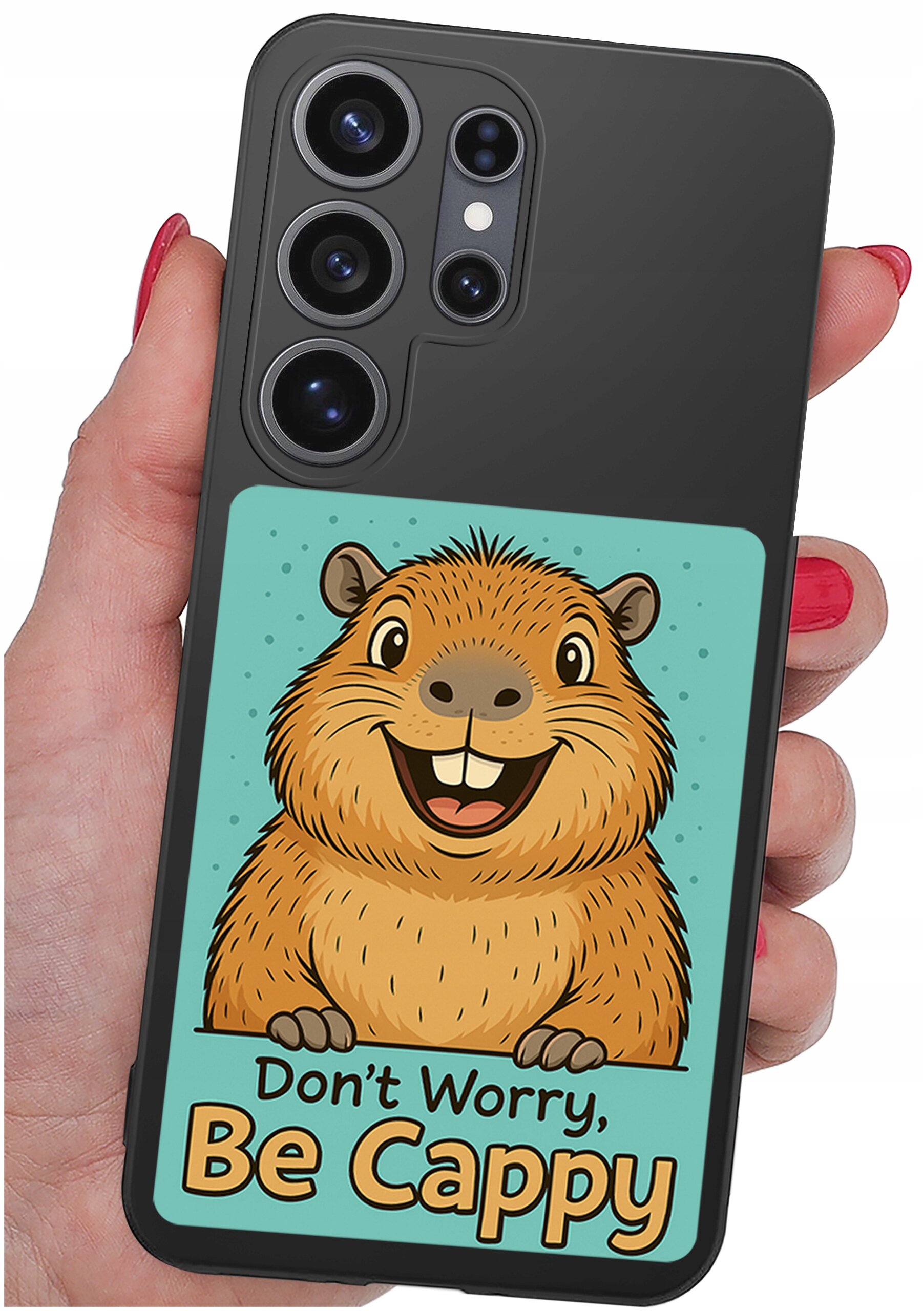 Etui na telefon z grafiką uśmiechniętej kapibary i napisem \'Don\'t Worry, Be Cappy\'.