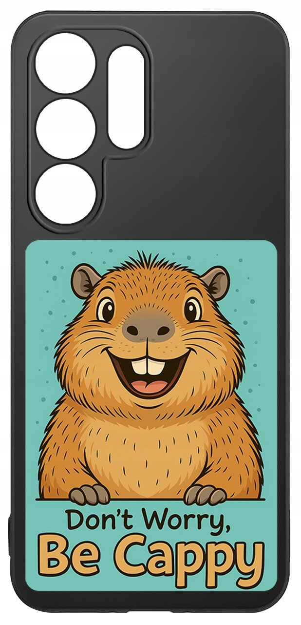 Etui na telefon z grafiką uśmiechniętej kapibary na niebieskim tle i napisem \'Don\'t Worry, Be Cappy\'.