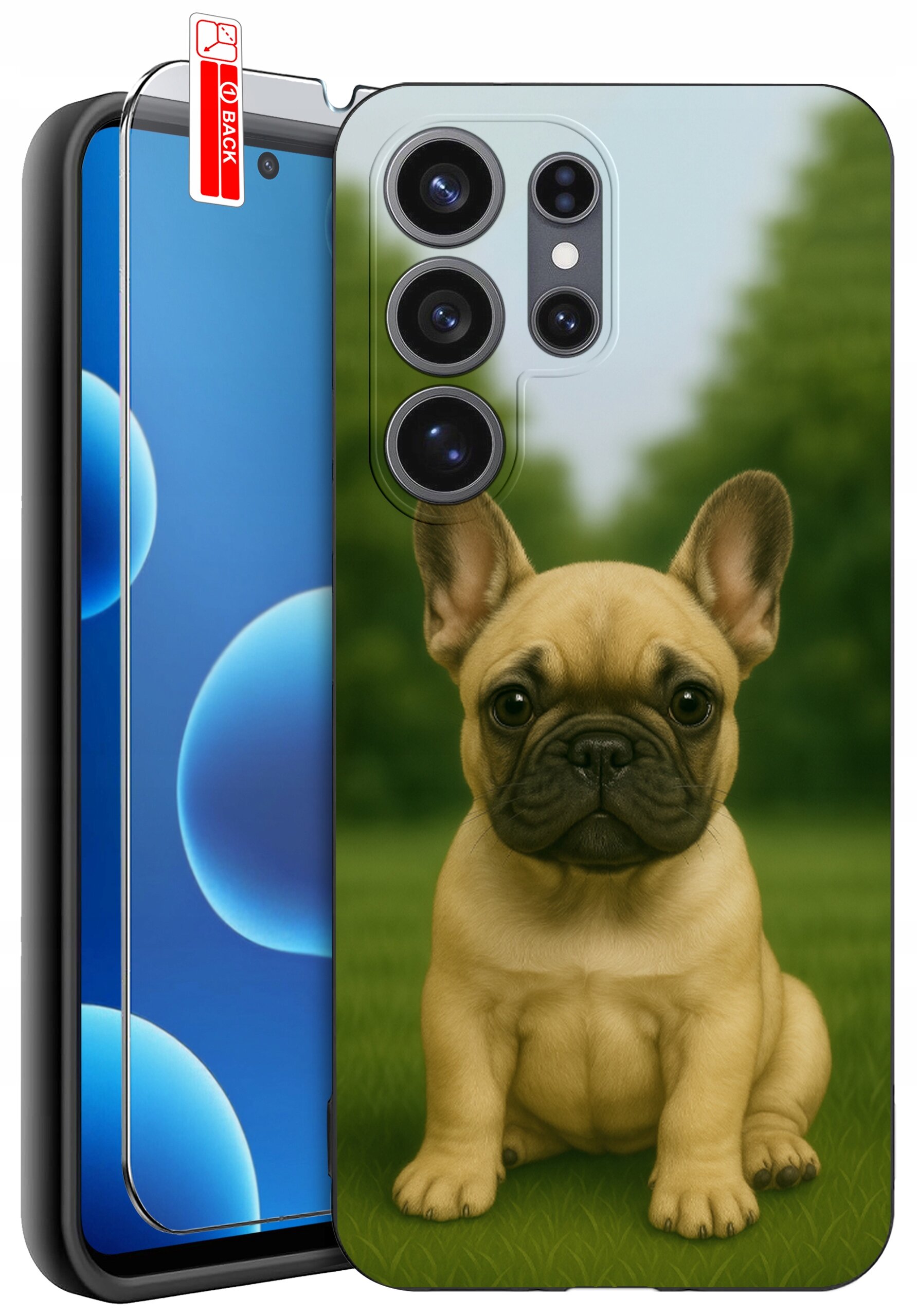 Etui na telefon z nadrukiem psa siedzącego na trawie, obok znajduje się szkło ochronne z napisem \'BACK\'.