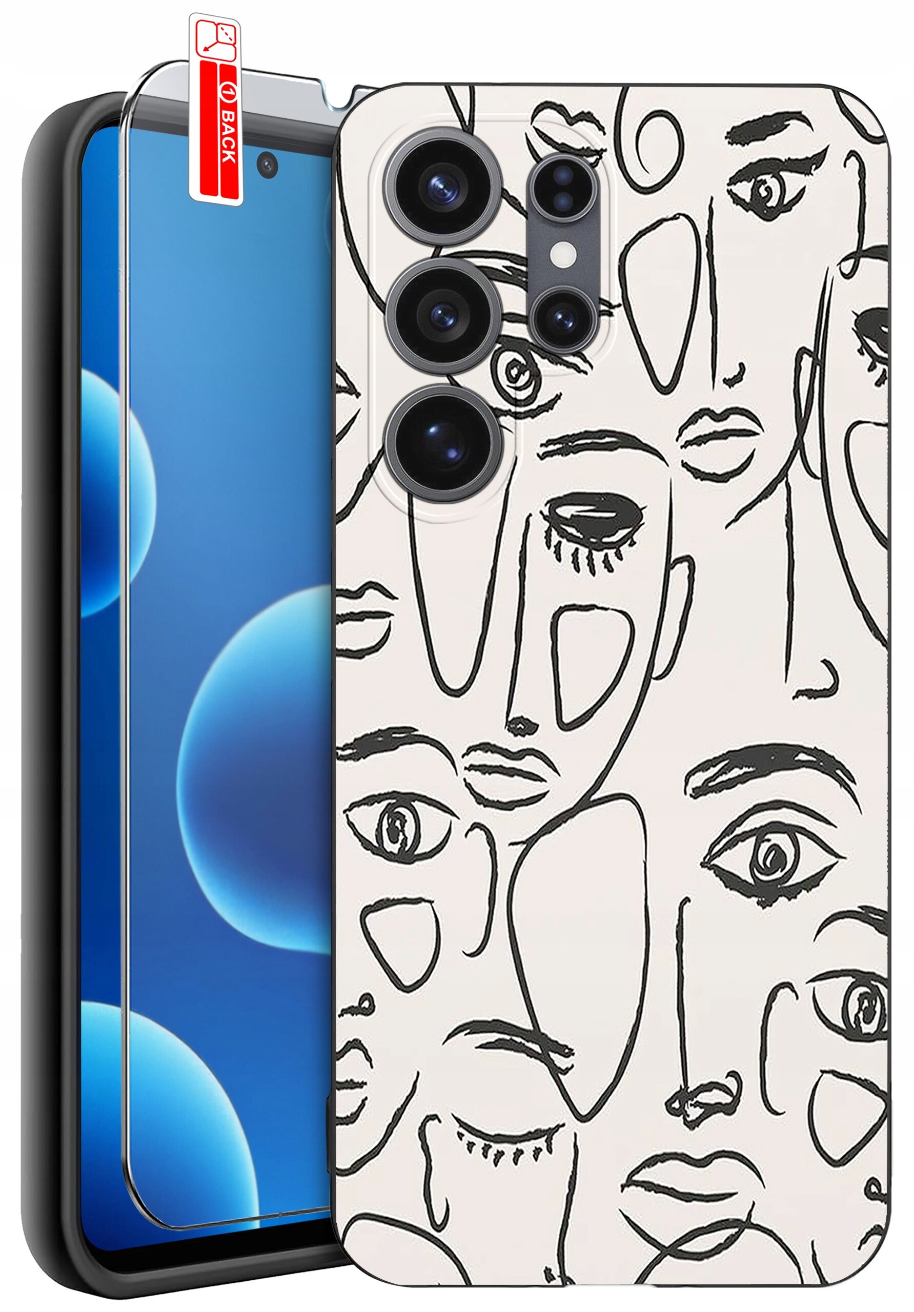 Obraz przedstawia telefon z nałożonym etui o wzorze abstrakcyjnych twarzy oraz szkło ochronne z oznaczeniem \'BACK\'.