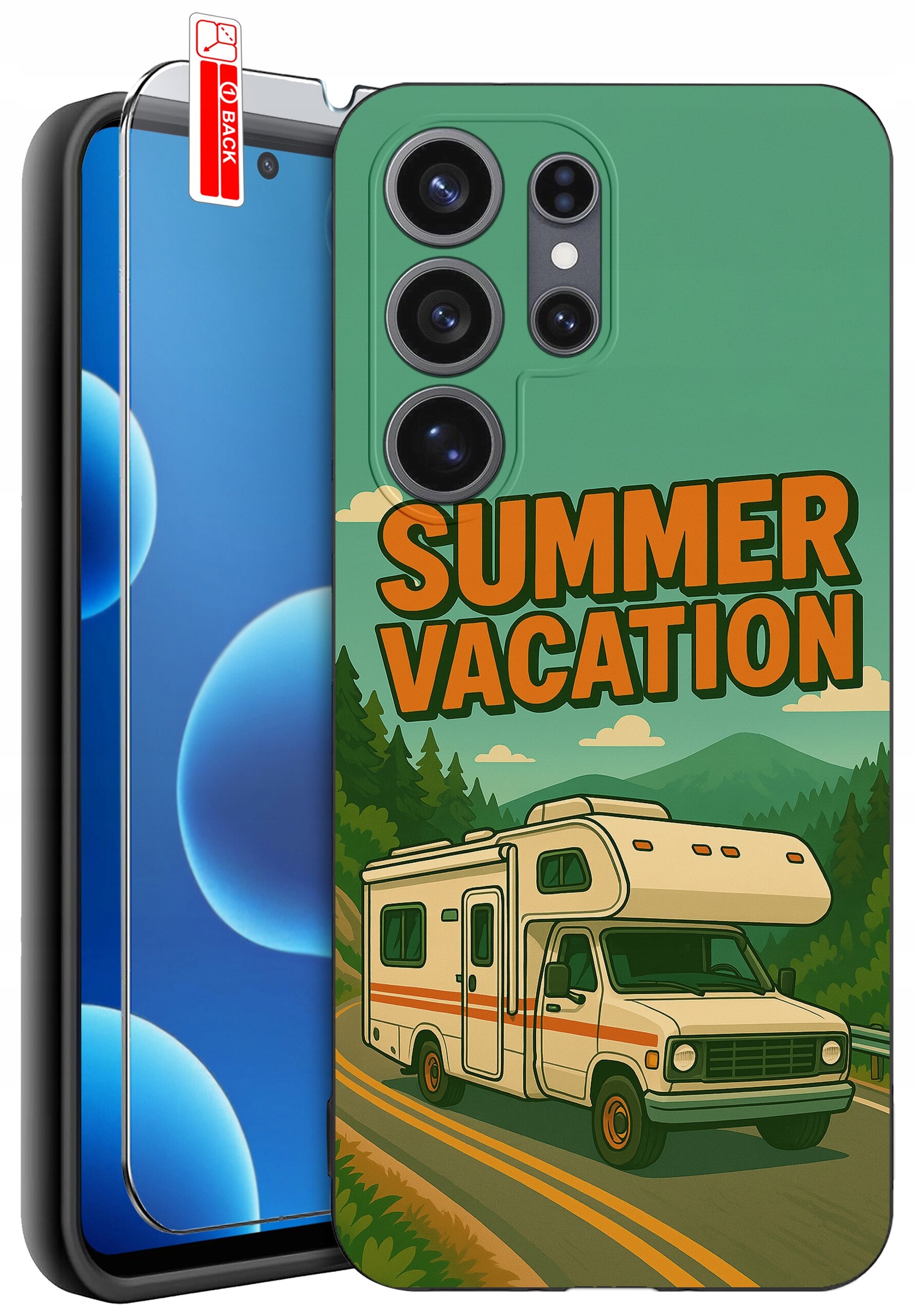 Etui na telefon z grafiką przedstawiającą kampera na drodze z napisem \'SUMMER VACATION\'. Obok etui znajduje się szkło ochronne z oznaczeniem \'BACK\'.