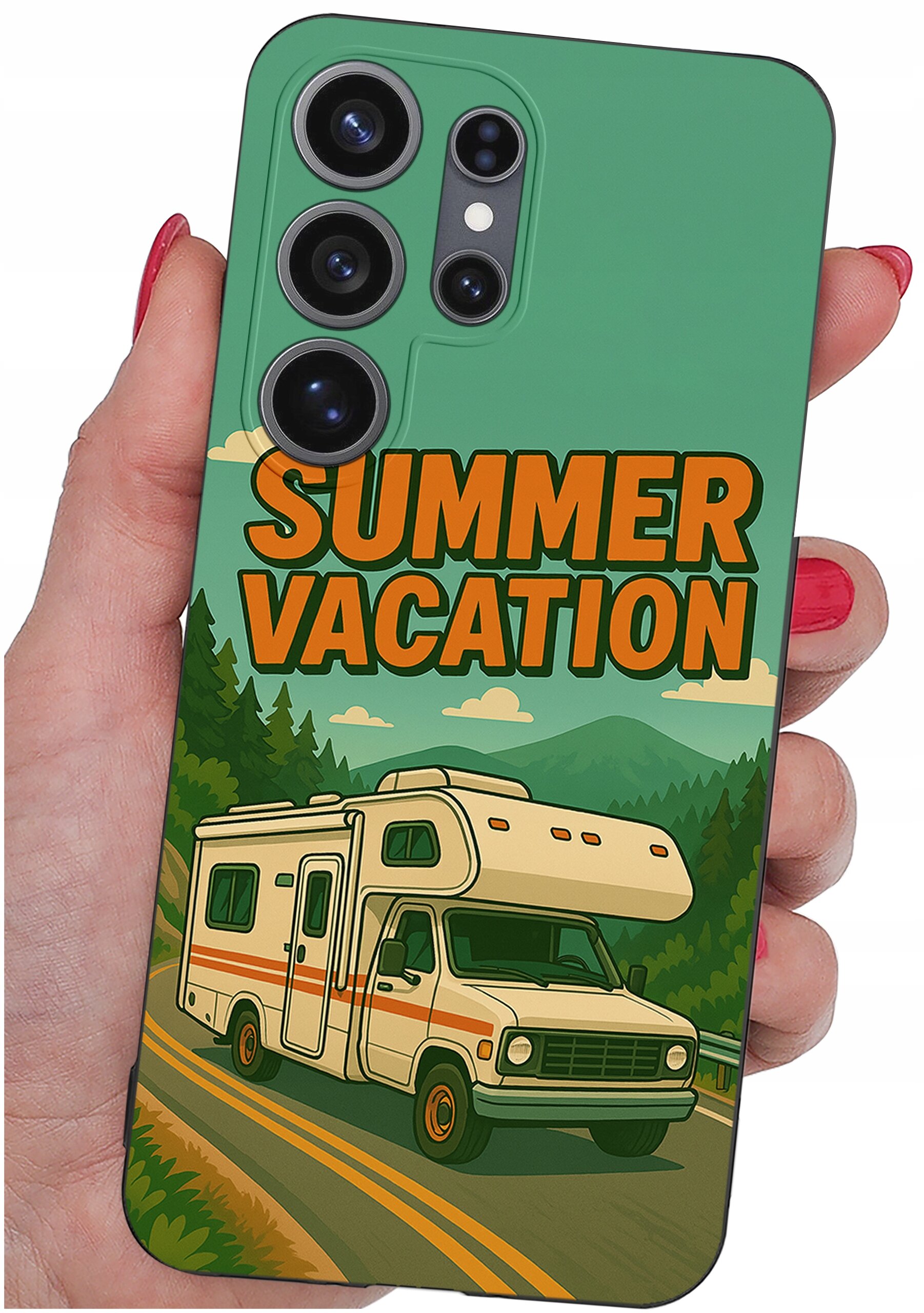 Etui na telefon z grafiką przedstawiającą kampera na drodze w otoczeniu lasu i gór oraz napisem \'SUMMER VACATION\'.