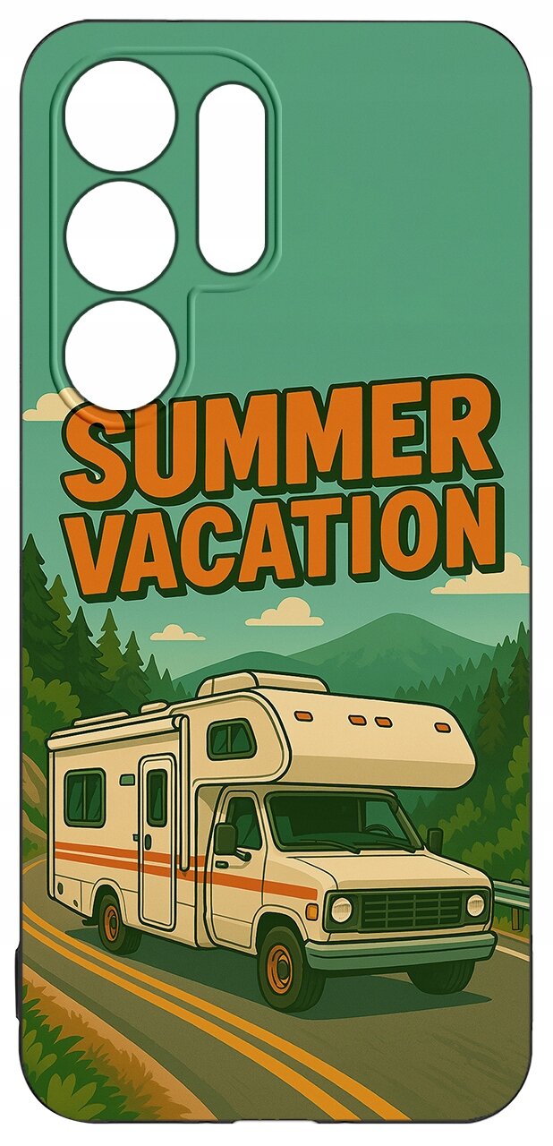Etui na telefon z grafiką przedstawiającą kampera na drodze w otoczeniu gór i lasów oraz napisem \'SUMMER VACATION\'.