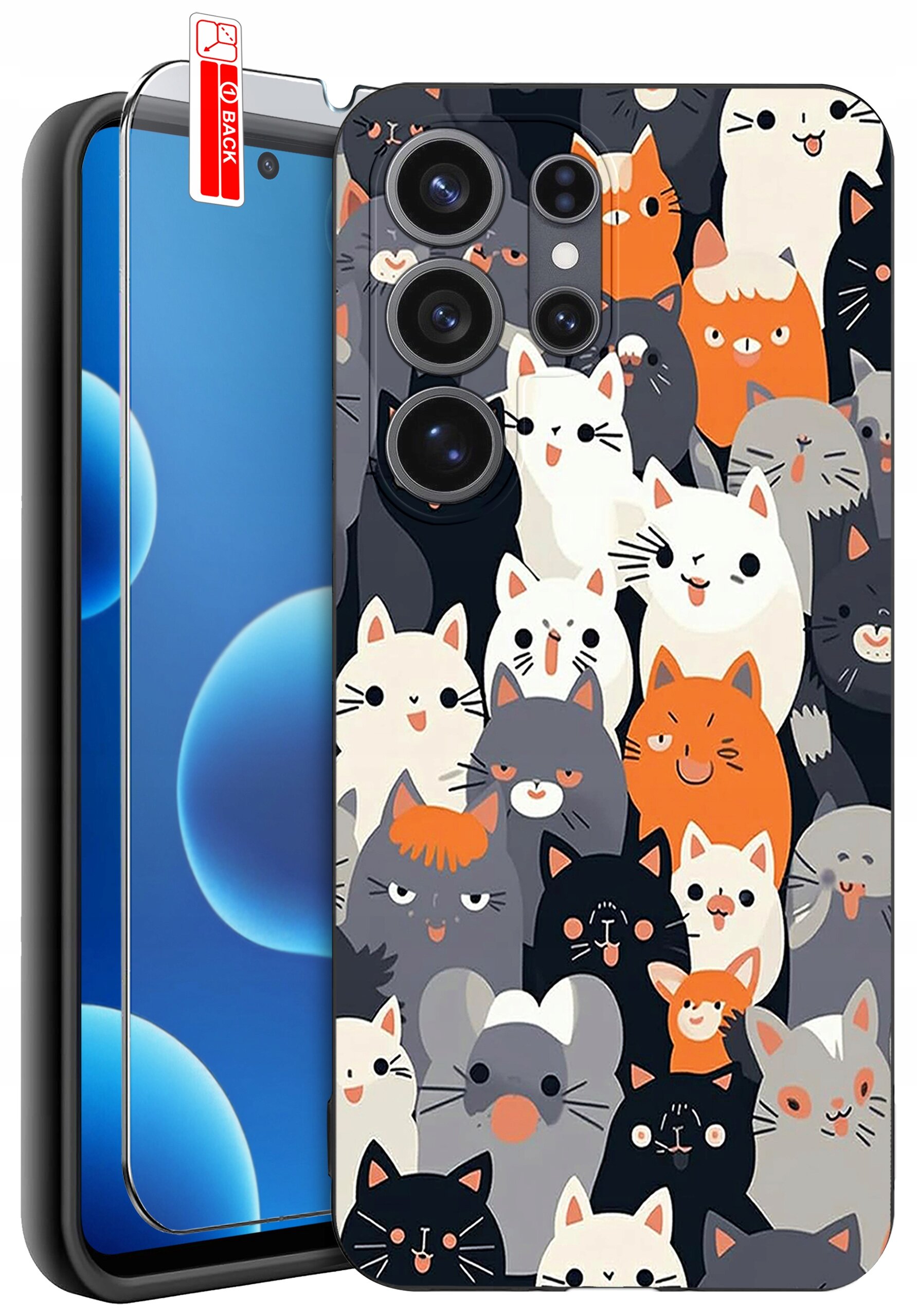 Etui na telefon z wzorem przedstawiającym różnokolorowe koty oraz szkło ochronne z napisem \'BACK\'.