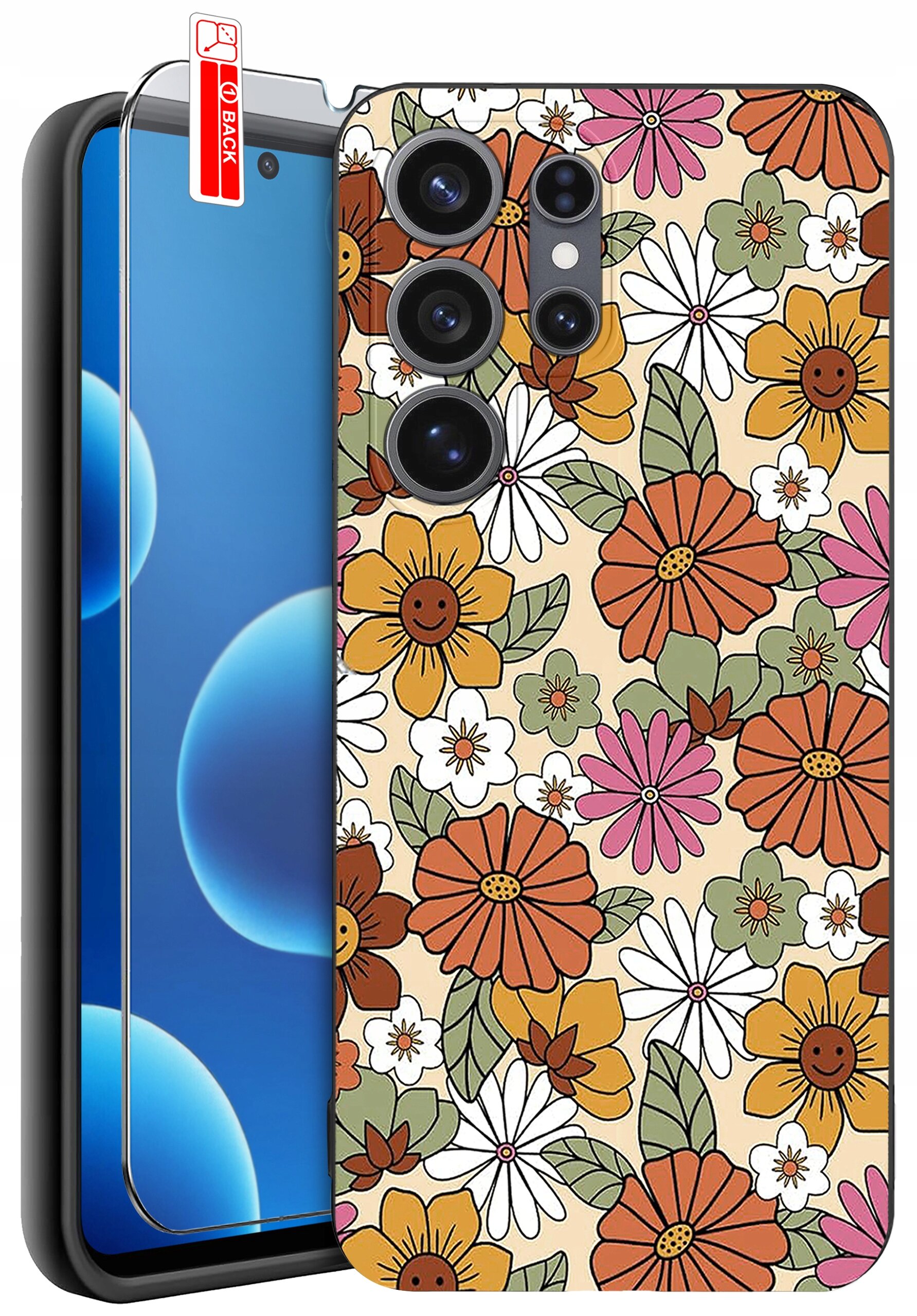 Etui na telefon z kolorowym wzorem kwiatów w odcieniach pomarańczowego, różowego i białego. Obok etui znajduje się szkło ochronne z napisem \'BACK\'.
