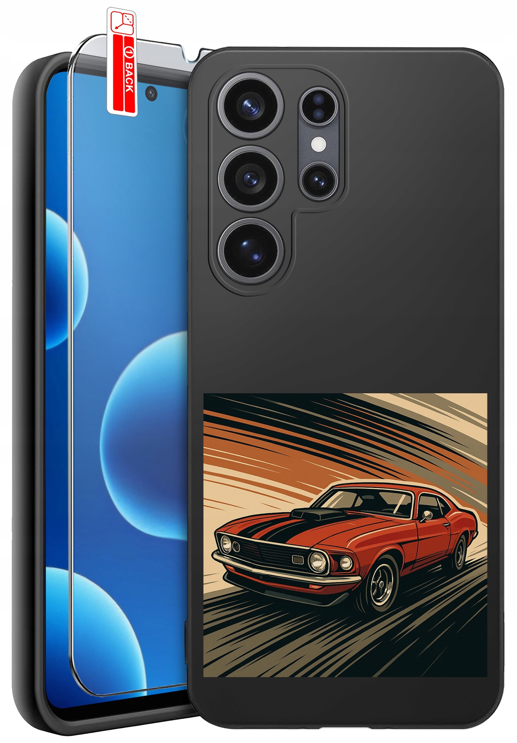 Etui na telefon z nadrukiem czerwonego samochodu na tle dynamicznych linii. Obok etui znajduje się szkło ochronne z etykietą \'BACK\'.
