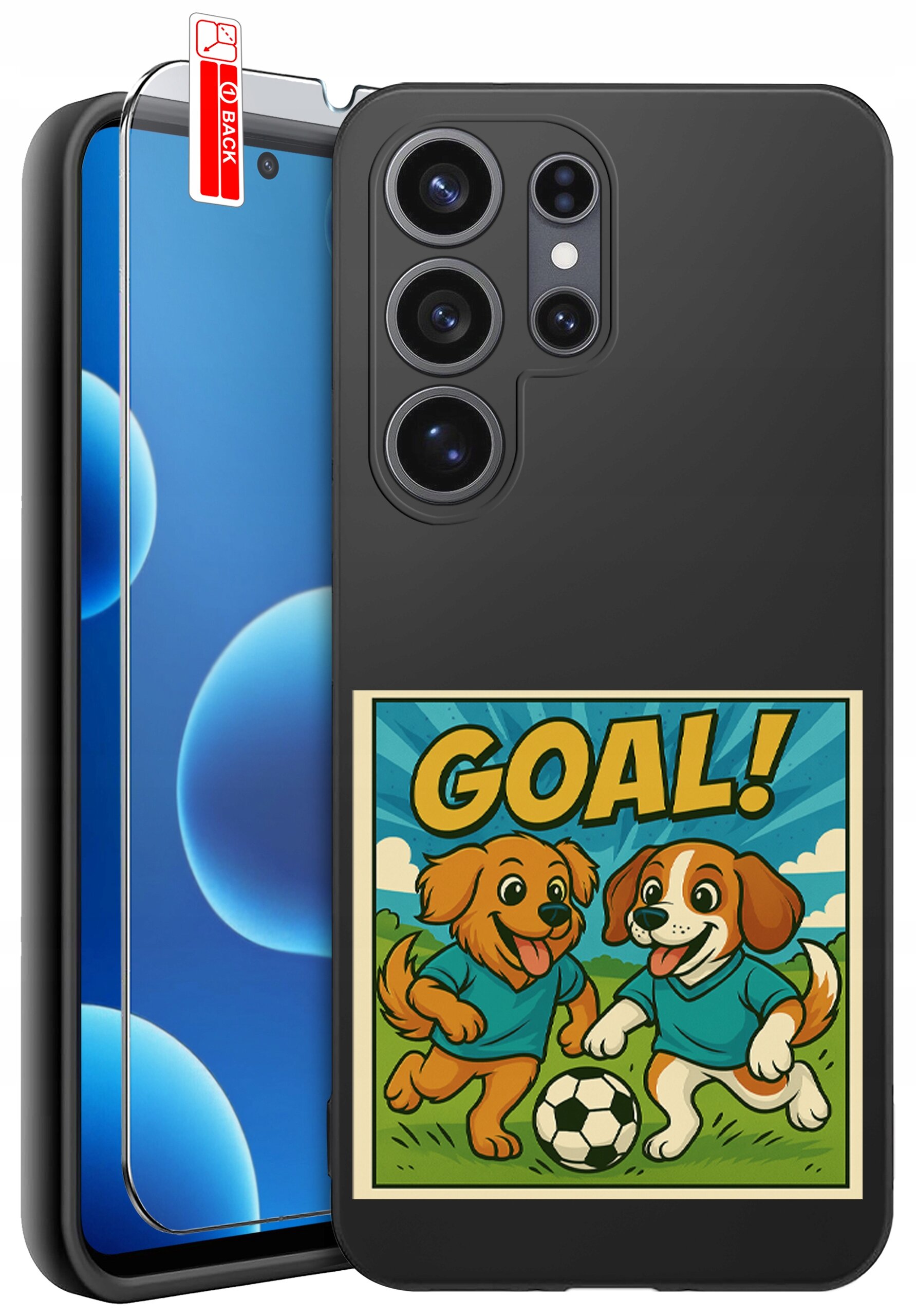Etui na telefon z grafiką przedstawiającą dwa psy w koszulkach grające w piłkę, z napisem \'GOAL!\'. Obok etui znajduje się szkło ochronne z oznaczeniem \'BACK\'.