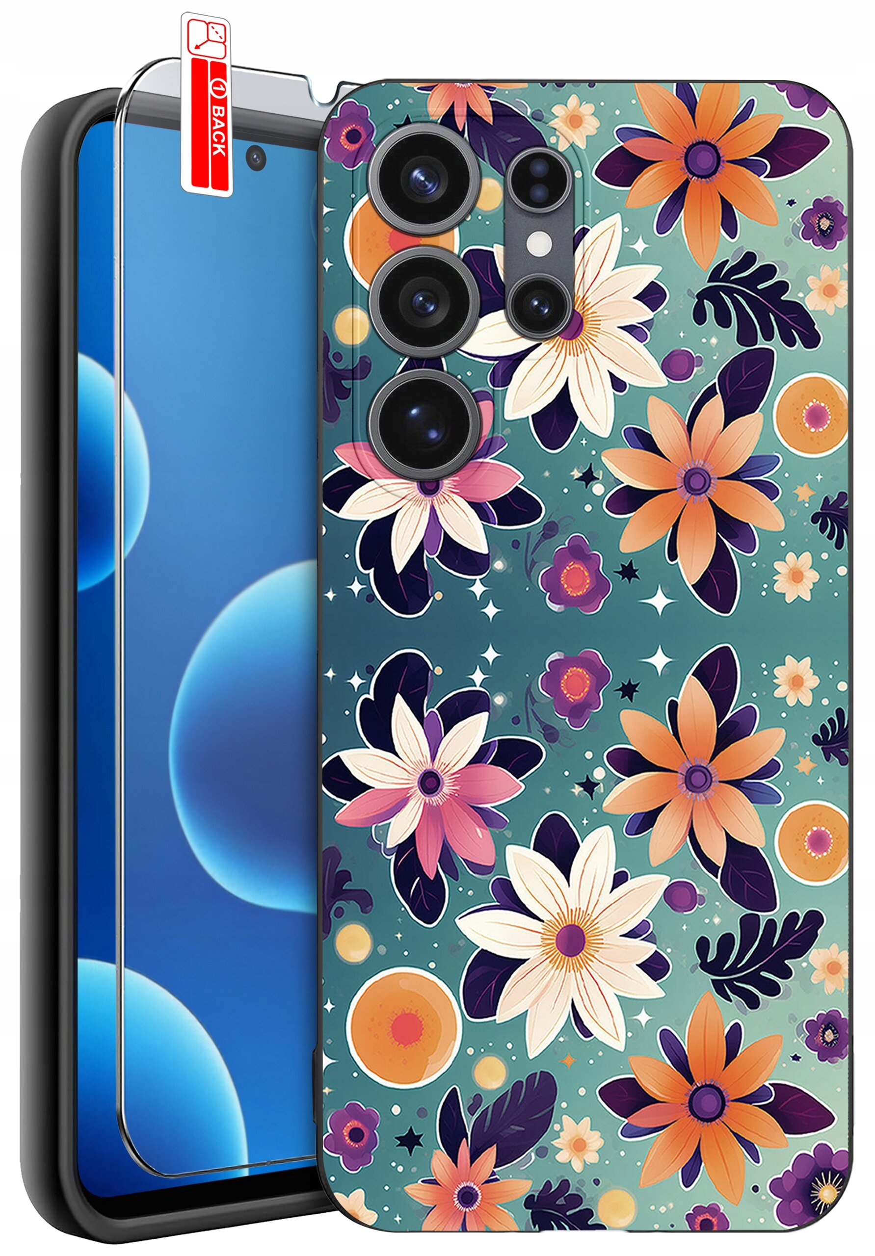 Etui na telefon z kolorowym wzorem kwiatowym, obok którego znajduje się szkło ochronne z napisem \'BACK\'.