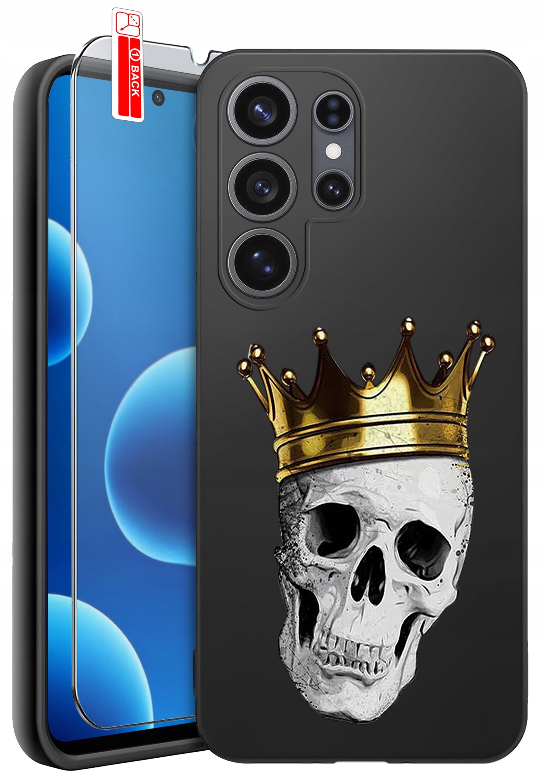 Czarne etui na telefon z nadrukiem czaszki w złotej koronie. Obok znajduje się szkło ochronne z oznaczeniem \'BACK\'.