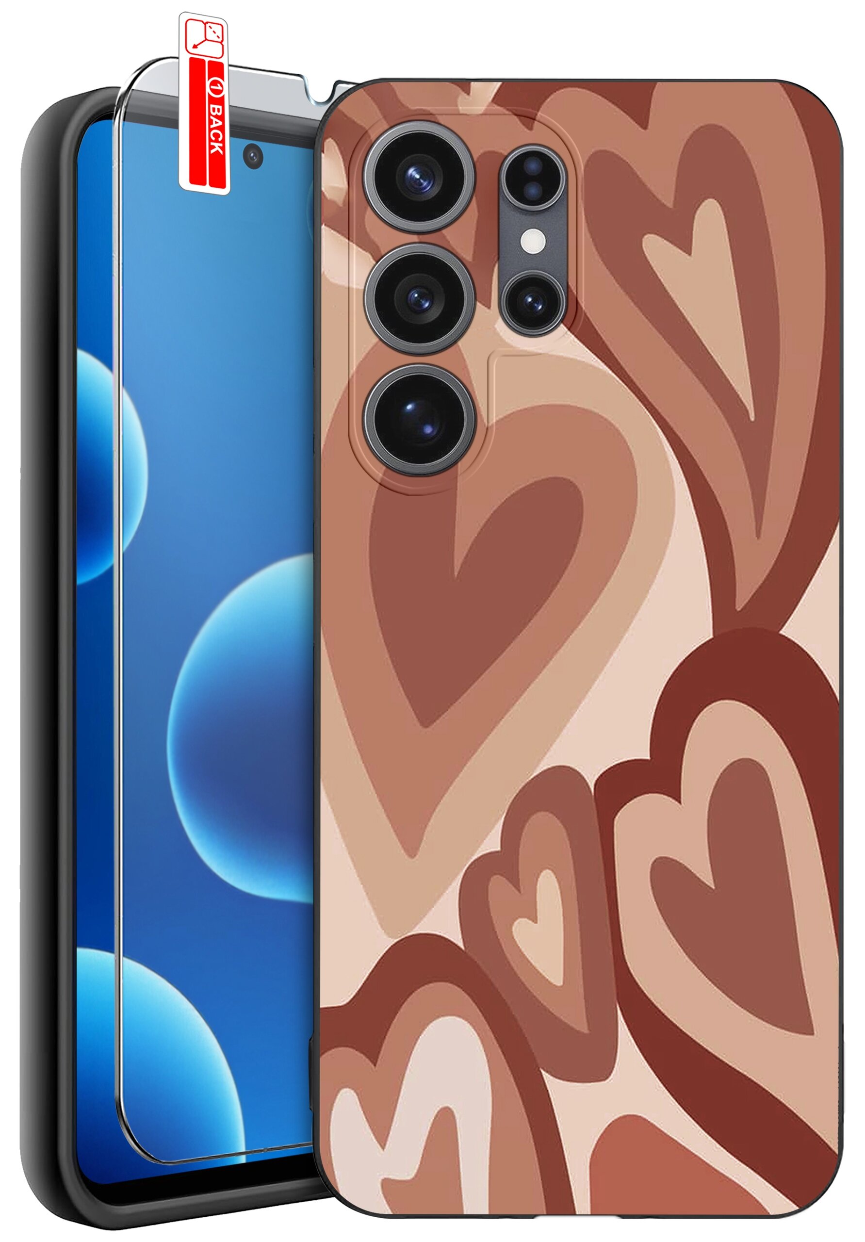 Obraz przedstawia telefon z nałożonym etui z wzorem w brązowe serca oraz szkło ochronne z oznaczeniem \'BACK\'.