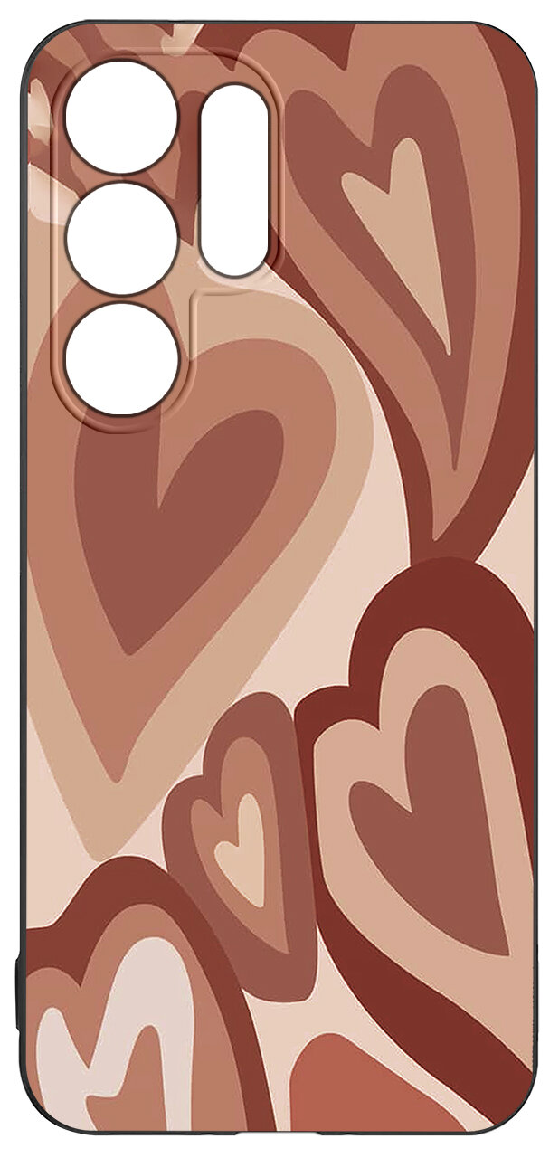Etui na telefon z wzorem serc w odcieniach brązu i beżu, z wycięciami na aparat i przyciski.