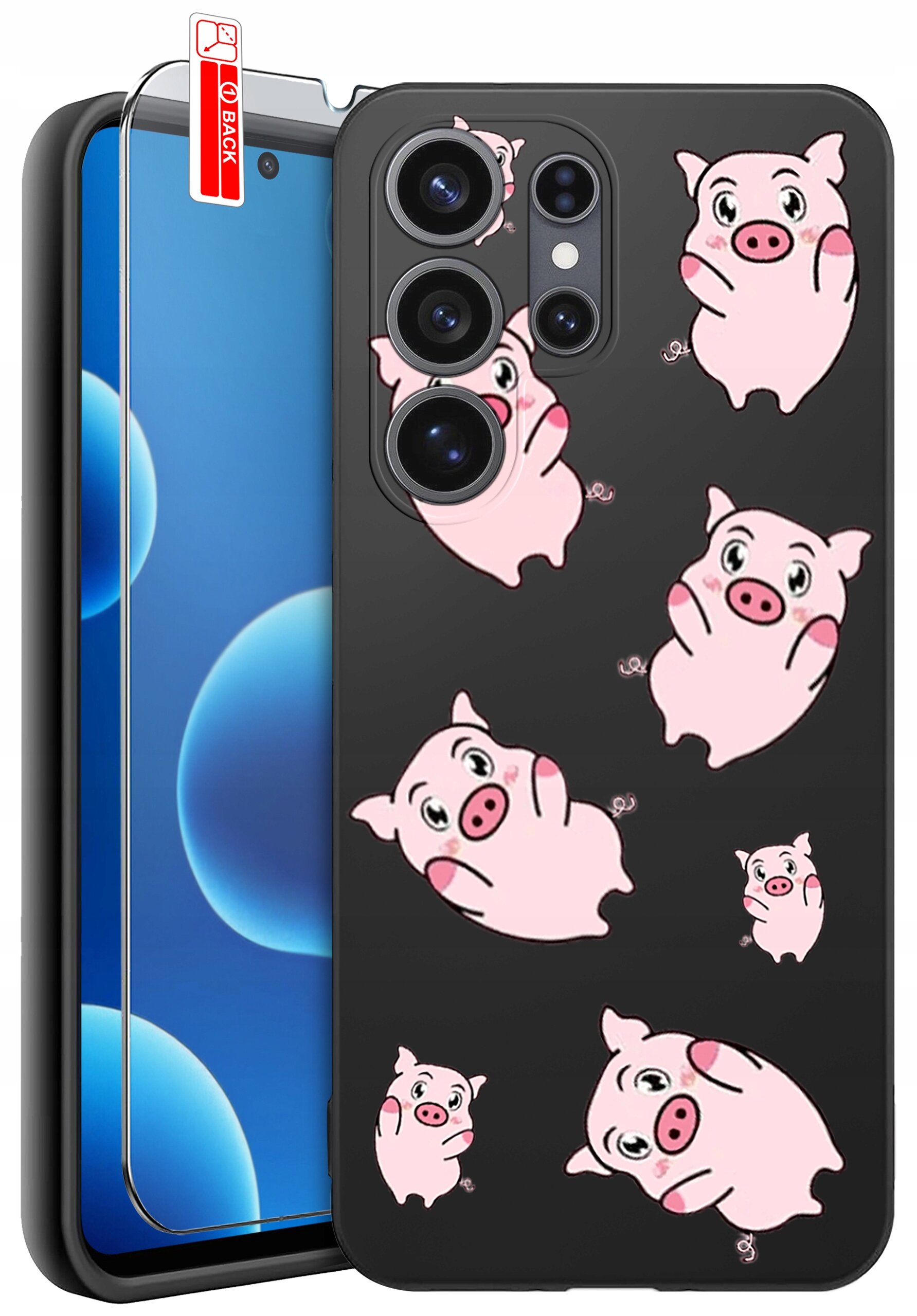 Etui na telefon z czarnym tłem ozdobione różowymi grafikami świnek. Obok etui znajduje się szkło ochronne z napisem \'BACK\'.