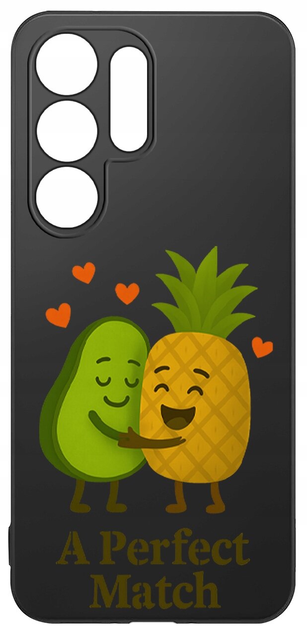 Czarne etui z grafiką przedstawiającą uśmiechnięte awokado i ananasa z serduszkami wokół nich oraz napisem \'A Perfect Match\'.