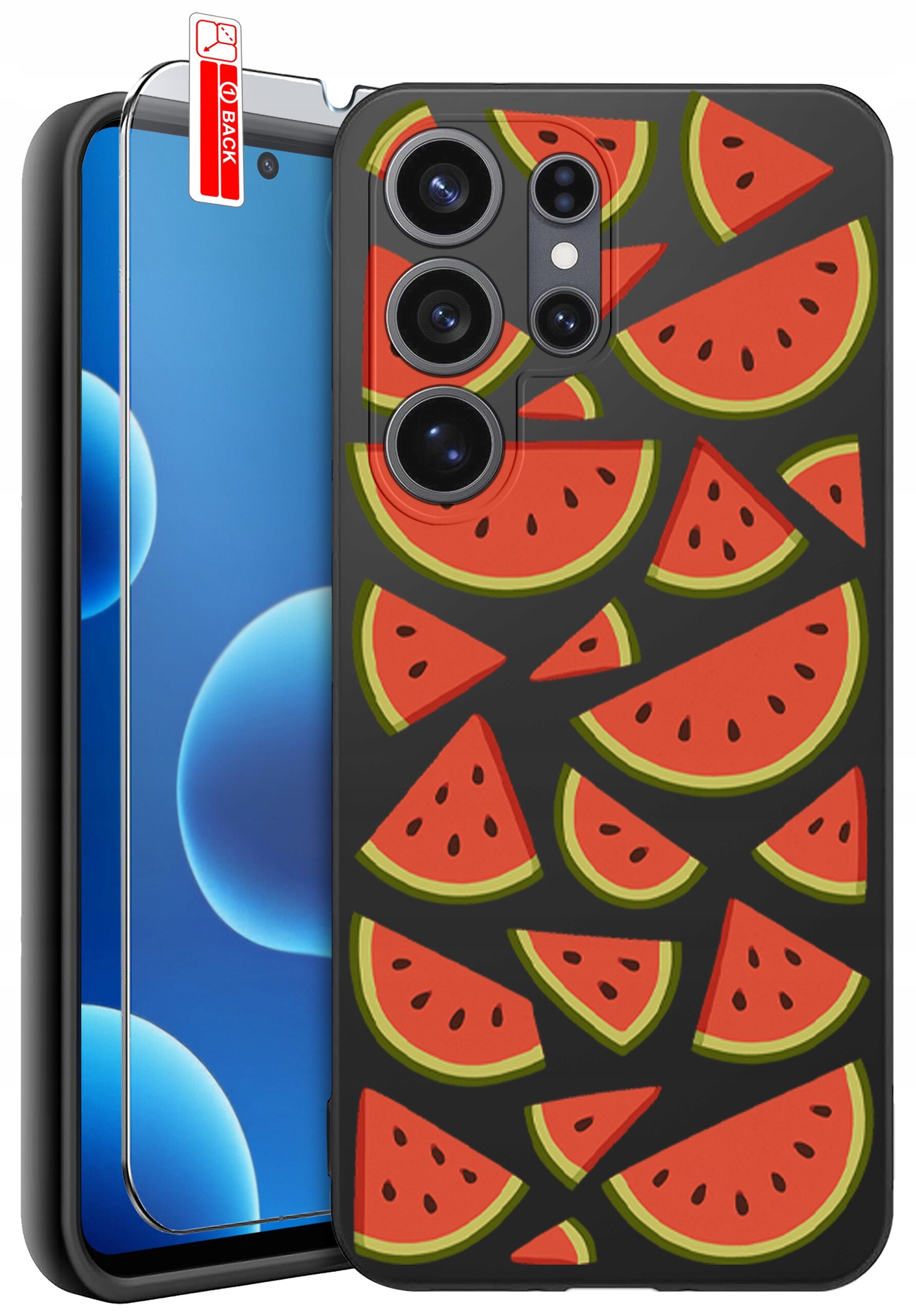 Etui na telefon z wzorem kawałków arbuza, obok którego znajduje się szkło ochronne z napisem \'BACK\'.