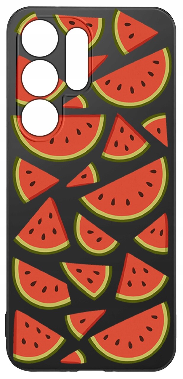 Etui na telefon z wzorem czerwonych kawałków arbuza na czarnym tle. Etui posiada wycięcia na aparat i przyciski.