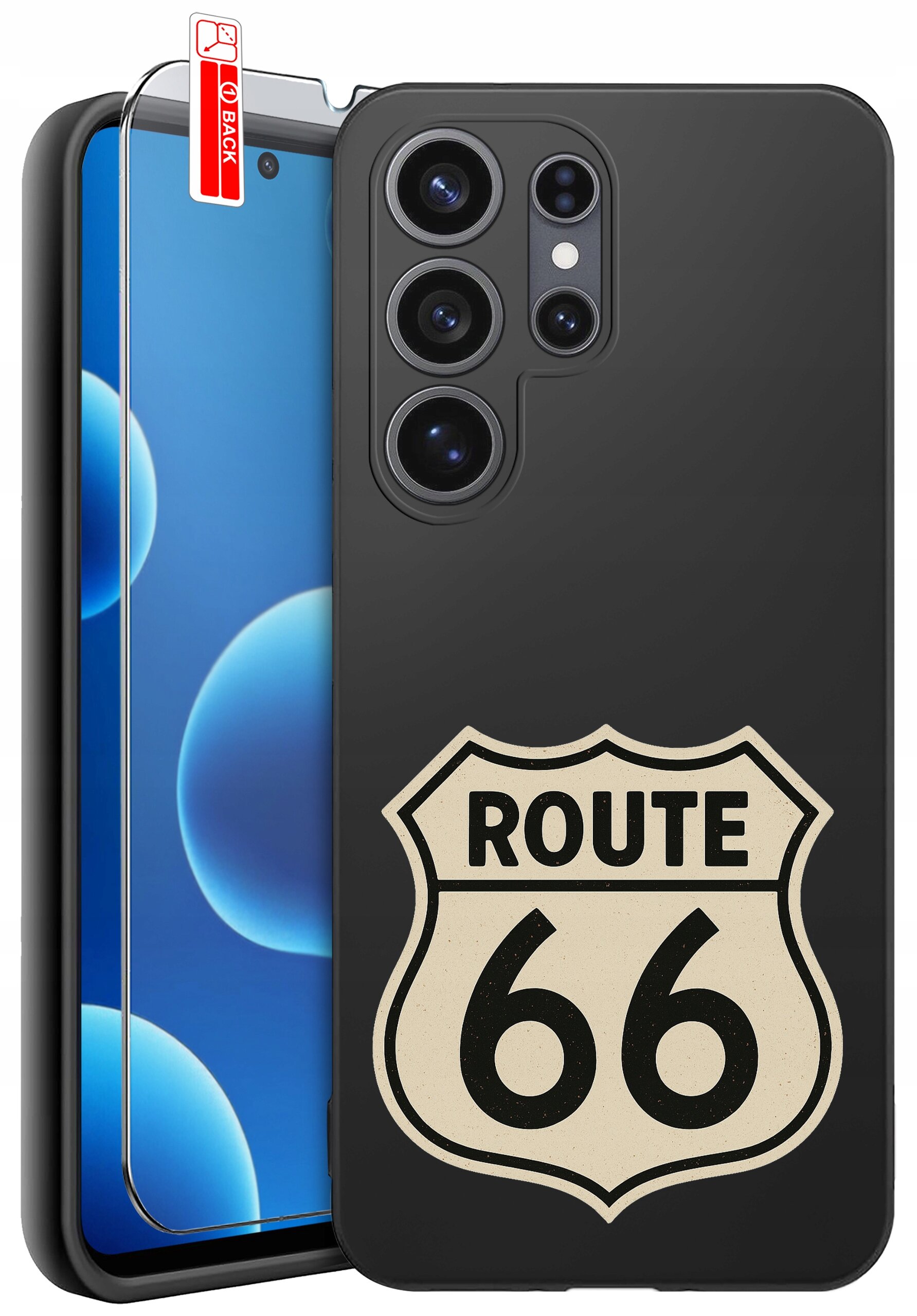 Czarne etui na telefon z nadrukiem \'ROUTE 66\' oraz szkło ochronne z oznaczeniem \'BACK\'.