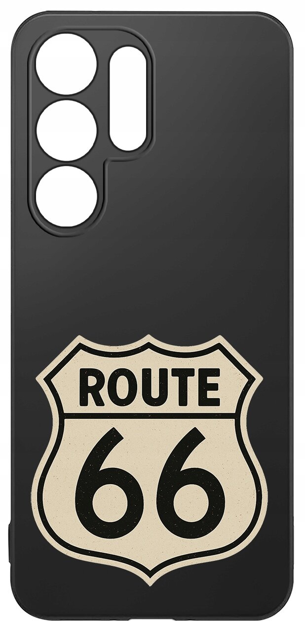 Czarne etui na telefon z wycięciami na aparat, ozdobione dużym logo \'ROUTE 66\' w kolorze beżowym.