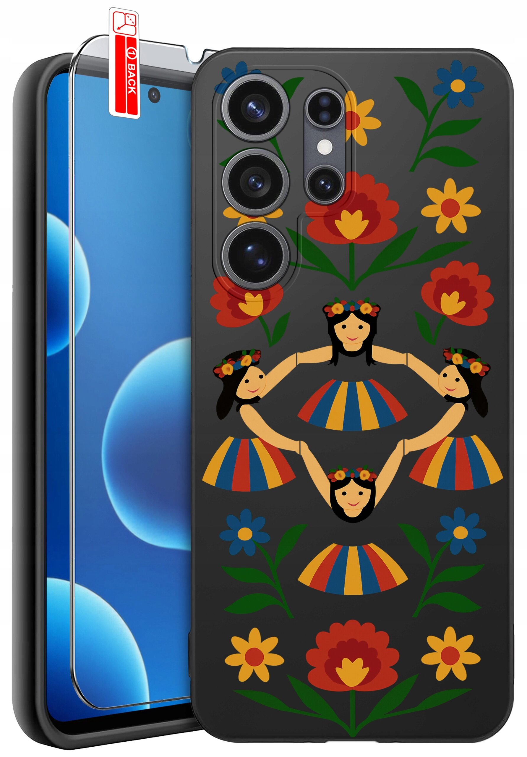 Etui na telefon z kolorowym wzorem przedstawiającym postacie w sukienkach i kwiaty. Obok etui znajduje się szkło ochronne z napisem \'BACK\'.