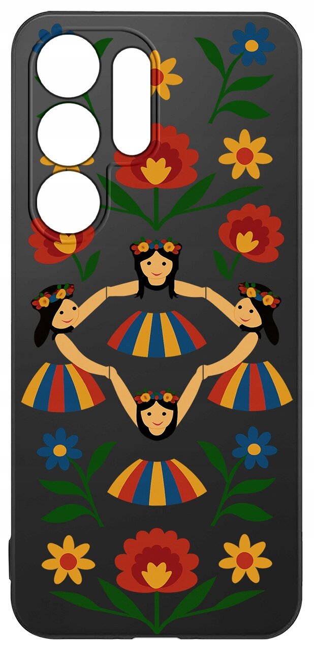 Etui na telefon z kolorowym wzorem przedstawiającym postacie w tradycyjnych strojach oraz kwiaty na ciemnym tle.