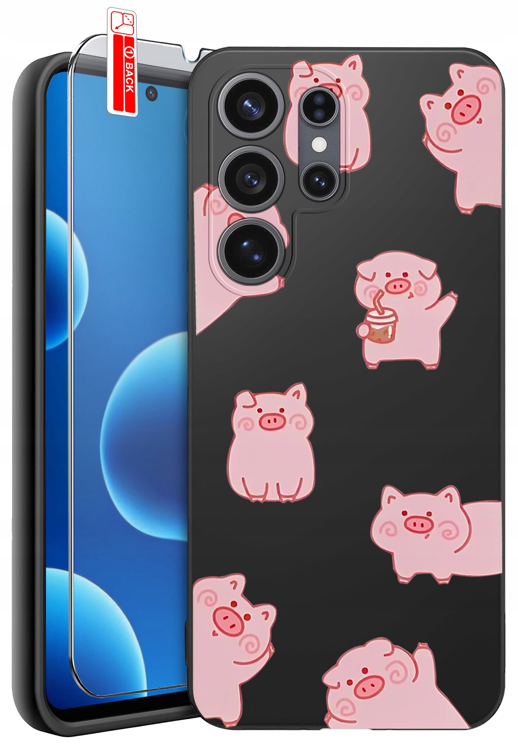 Czarne etui na telefon z różowymi grafikami świnek w różnych pozach. Obok etui znajduje się szkło ochronne z napisem \'BACK\'.