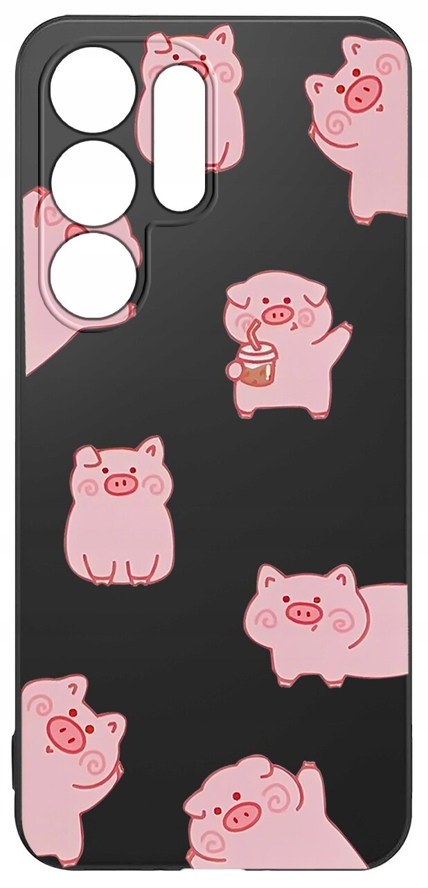 Czarne etui na telefon z różowymi grafikami przedstawiającymi świnki w różnych pozach. Etui ma wycięcia na aparat i inne elementy telefonu.