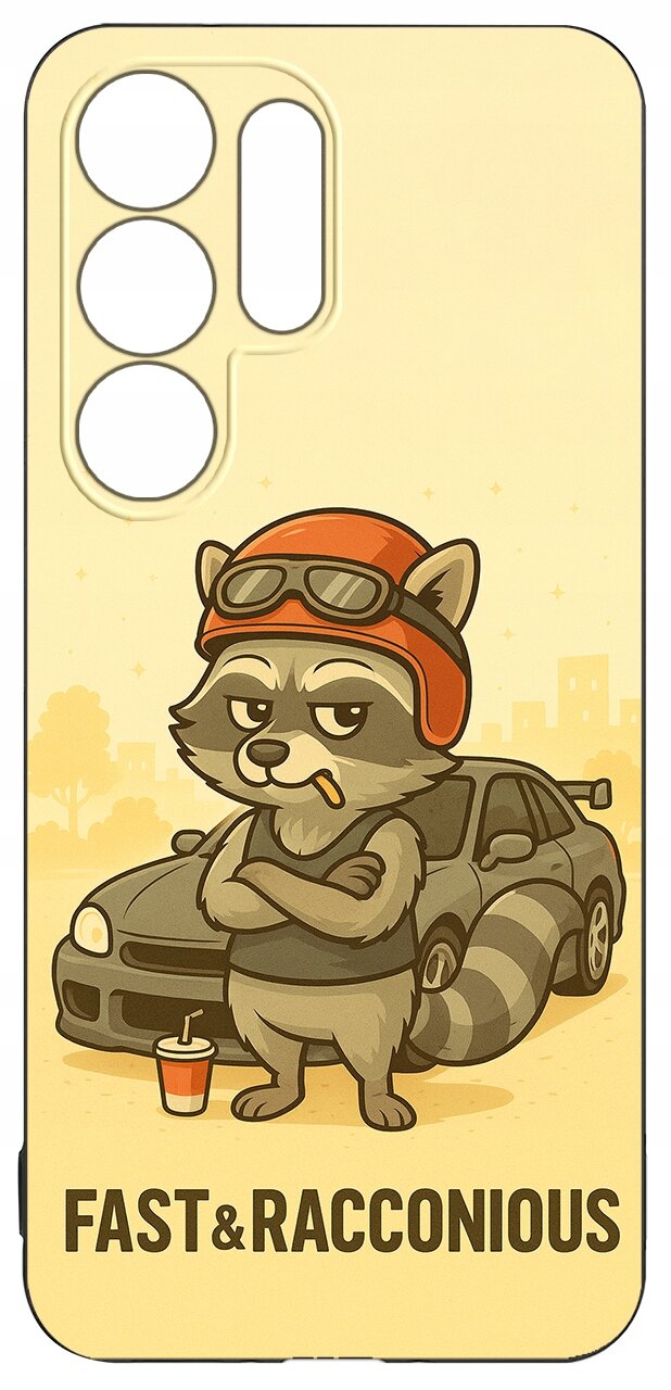 Etui na telefon z ilustracją szopa w czerwonym kasku, stojącego przed samochodem. Na dole widnieje napis \'FAST&RACCONIOUS\'.