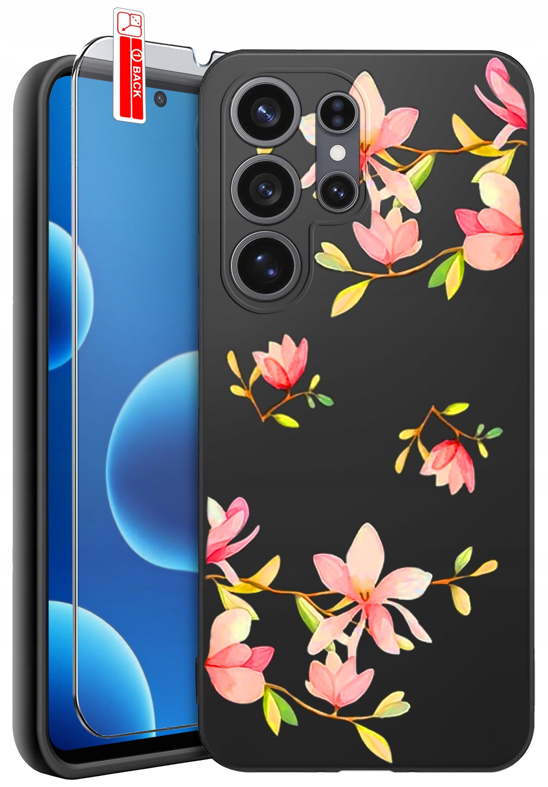Obraz przedstawia czarne etui na telefon z kolorowym wzorem kwiatów. Obok etui znajduje się szkło ochronne z napisem \'BACK\'.