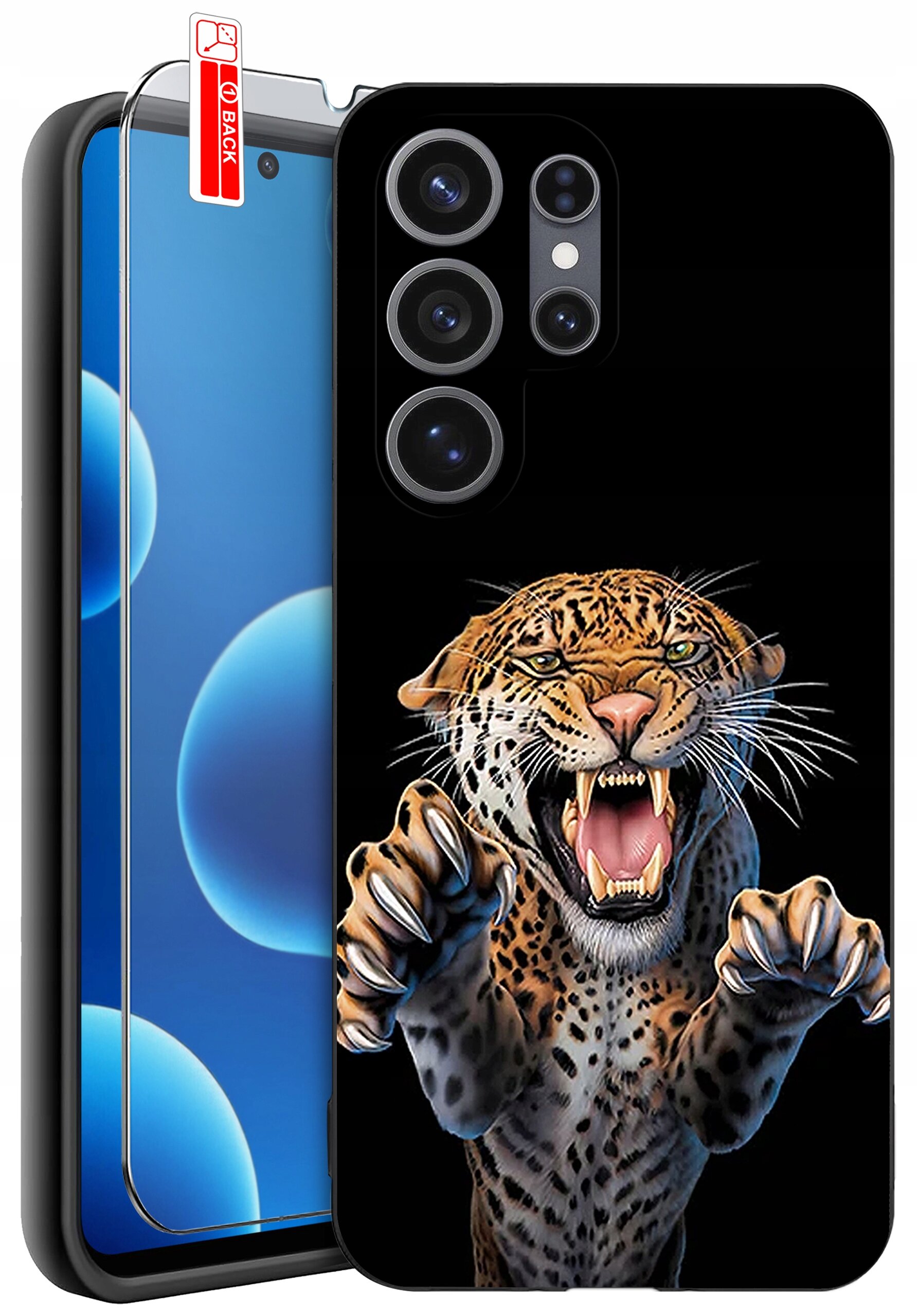 Obraz przedstawia etui na telefon z nadrukiem groźnie wyglądającego lamparta oraz szkło ochronne z oznaczeniem \'BACK\'.