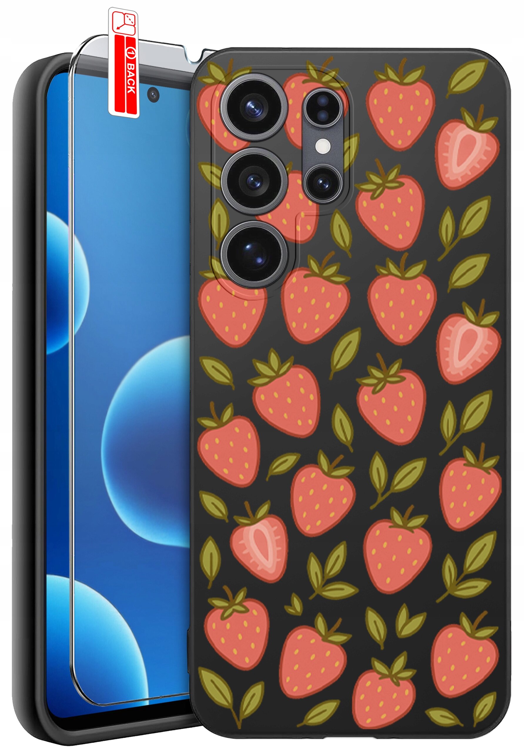 Etui na telefon z wzorem truskawek i liści na ciemnym tle, obok znajduje się szkło ochronne z napisem \'BACK\'.