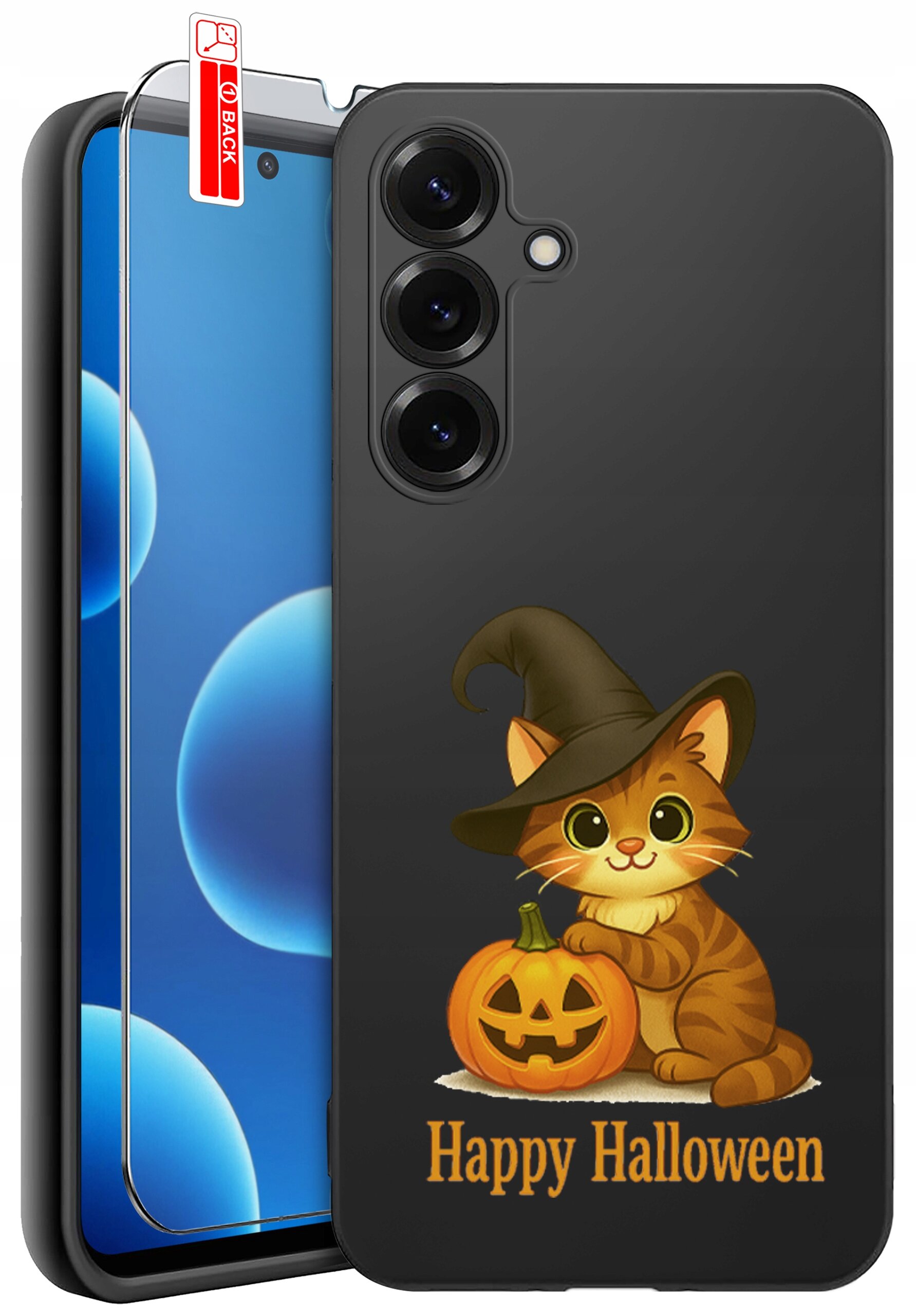 Etui na telefon z grafiką kota w kapeluszu czarownicy obok dyni oraz napisem \'Happy Halloween\'. Obok etui znajduje się szkło ochronne z oznaczeniem \'BACK\'.