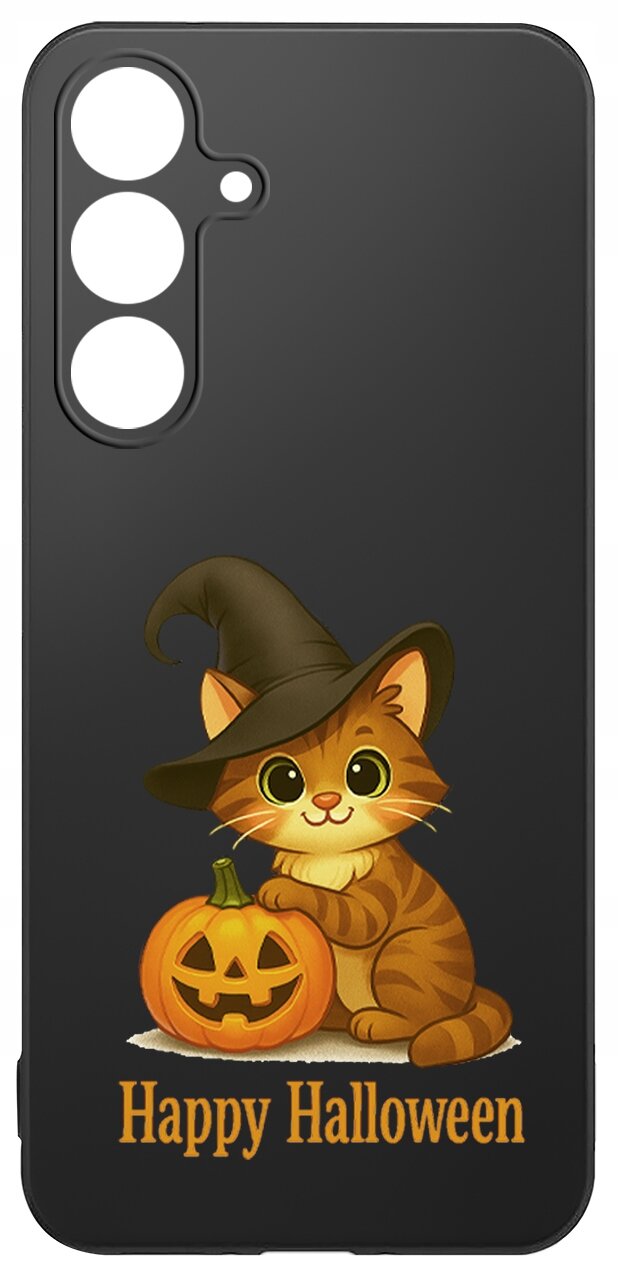 Czarne etui z grafiką kota w kapeluszu czarownicy obok dyni z wyciętym uśmiechem. Na dole widnieje napis \'Happy Halloween\'.