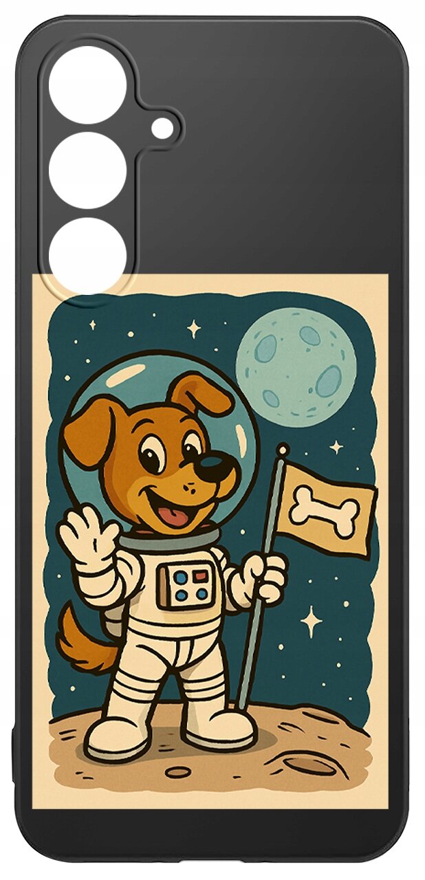 Etui na telefon z grafiką przedstawiającą psa w stroju astronauty, trzymającego flagę z kością na tle księżyca i gwiazd.
