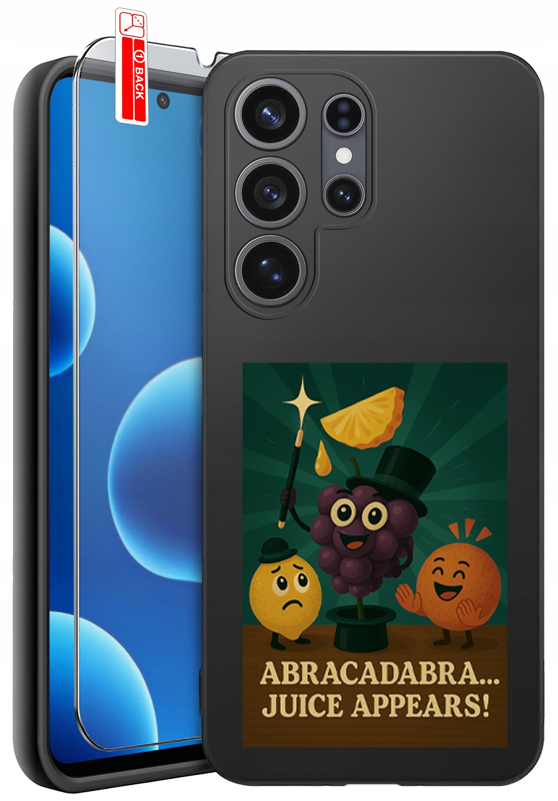 Etui na telefon z grafiką przedstawiającą owoce w kapeluszach, z napisem \'ABRACADABRA... JUICE APPEARS!\'. Obok etui znajduje się szkło ochronne z oznaczeniem \'BACK\'.